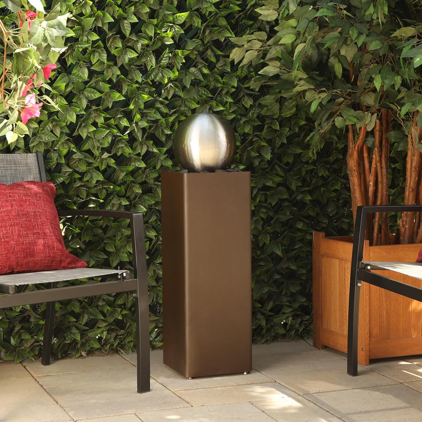 Alpine Corporation CPS188 Indoor Outdoor Modern Metal Orb Water Floor Fountain with River Rock Stone for Patio, Garden and Living Room, 37" H, Brown