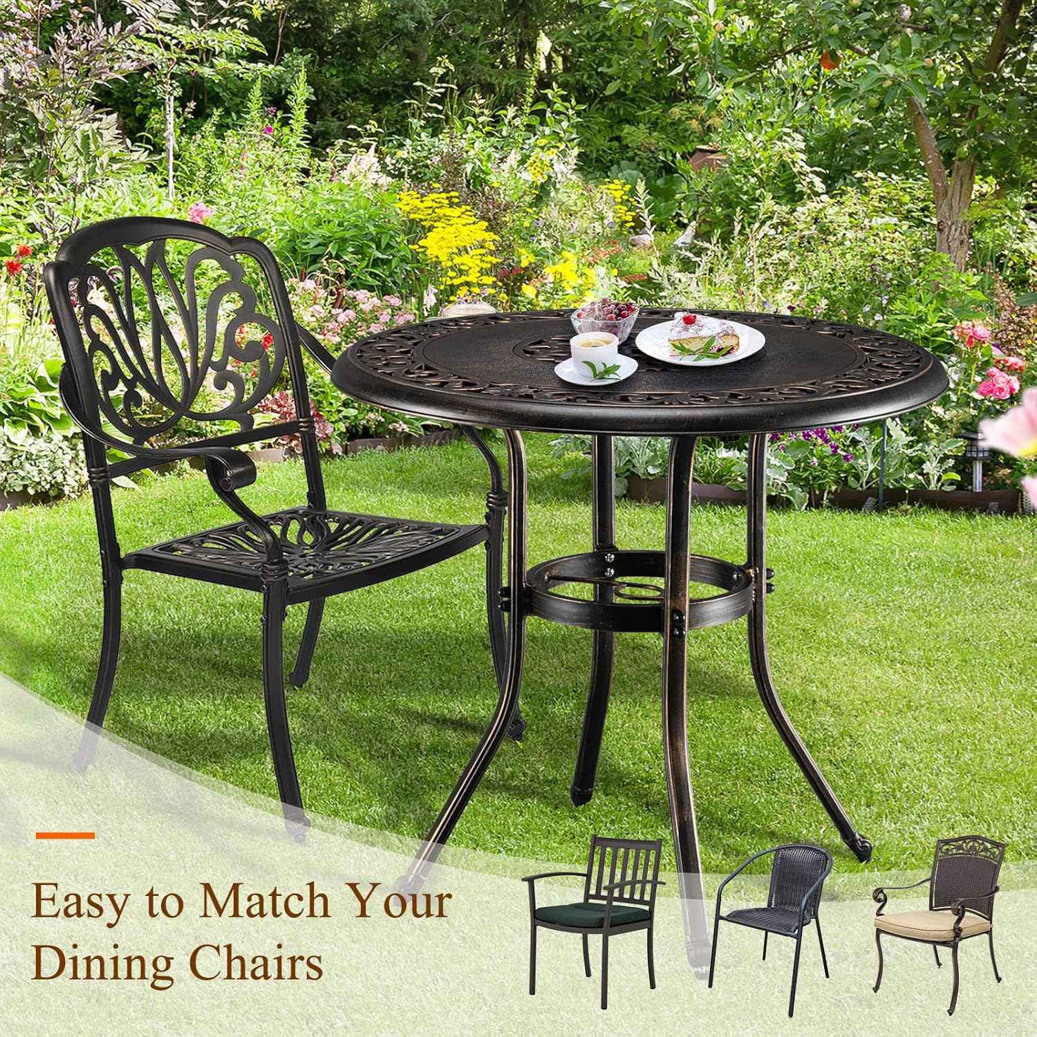 VINGLI 32 Inch Outdoor Patio Table with Umbrella Hole, Cast Aluminum Round Patio Dining Table Bistro Table for Backyard, Garden, Patio, Porch (Bronze)