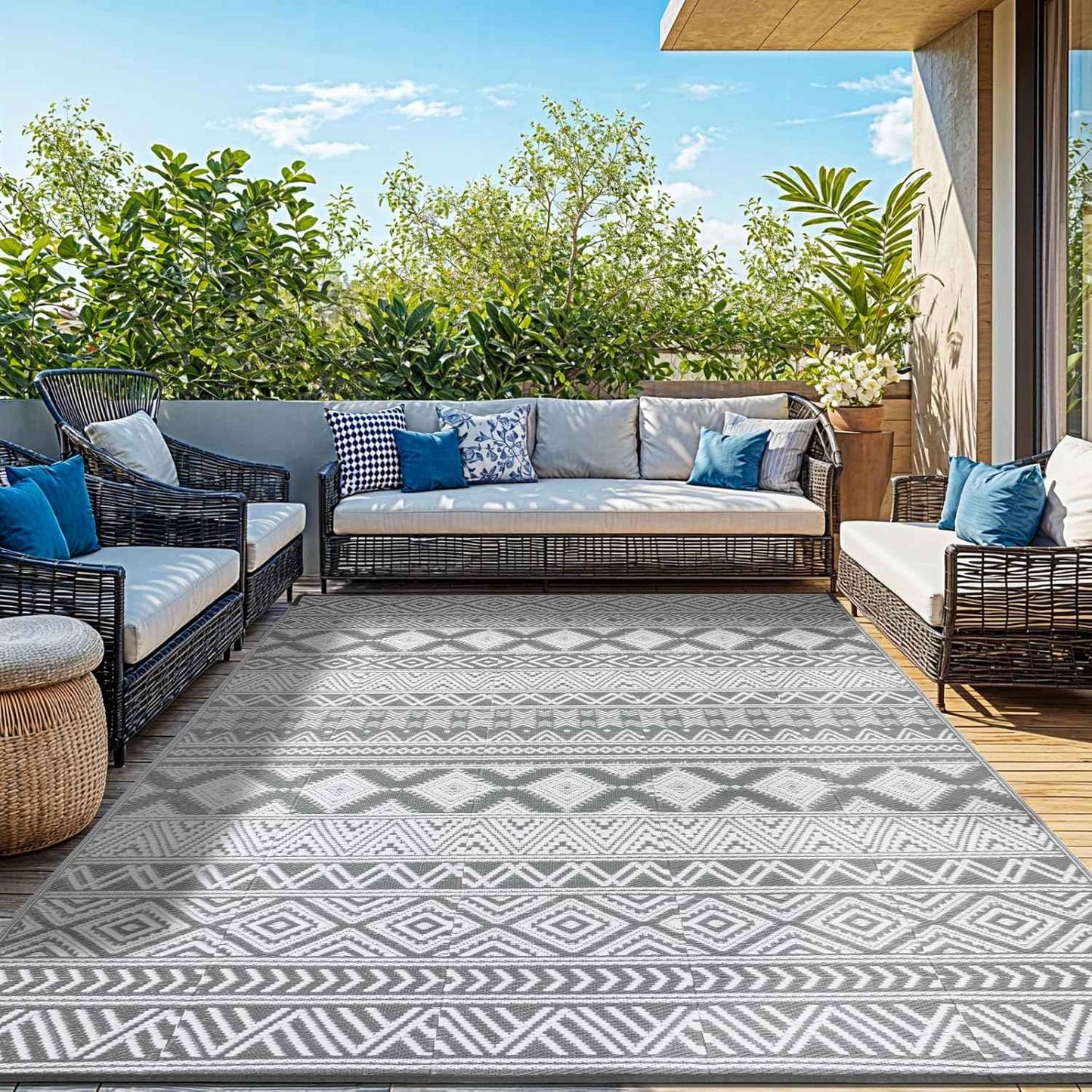 Waterproof Outdoor Rug 8x10 ft, Reversible Plastic Straw Patio Camping Rugs, Outdoor Indoor RV Mat Carpet for Patio, Outside Entry, Backyard, Deck, Bench, Picnic, Camper(8x10,Gray&White)