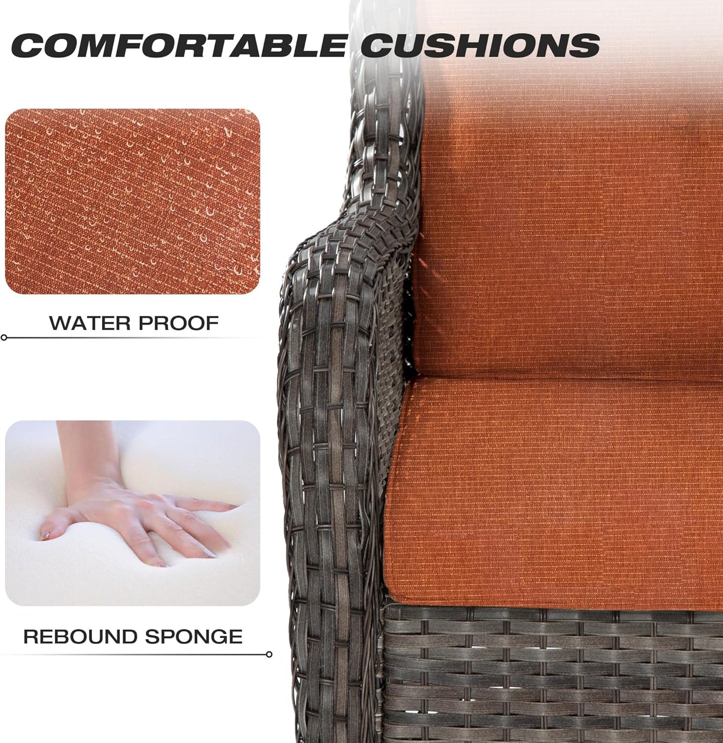 Joyside Wicker Patio Furniture Sets 8 Piece Set with 3-Seat Sofa, 2 Swivel Rocking Armchairs, 2 Armchairs, 2 Ottoman and 1 Side Table Wicker Outdoor Conversation Set(Brown Mixed Gray/Orange)