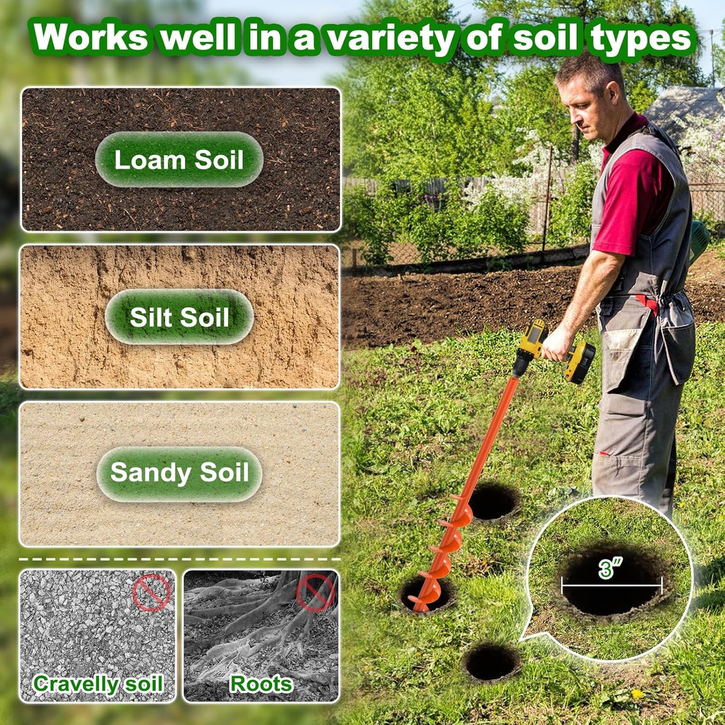 Auger Drill Bit for Planting 3''x32'' Garden Earth Auger 3mm Thicker Drill Augers for Digging Holes Heavy Duty Auger Post Hole Digger for Bulb, Flowers, Plants - Fits 3/8" Hex Drive Drill