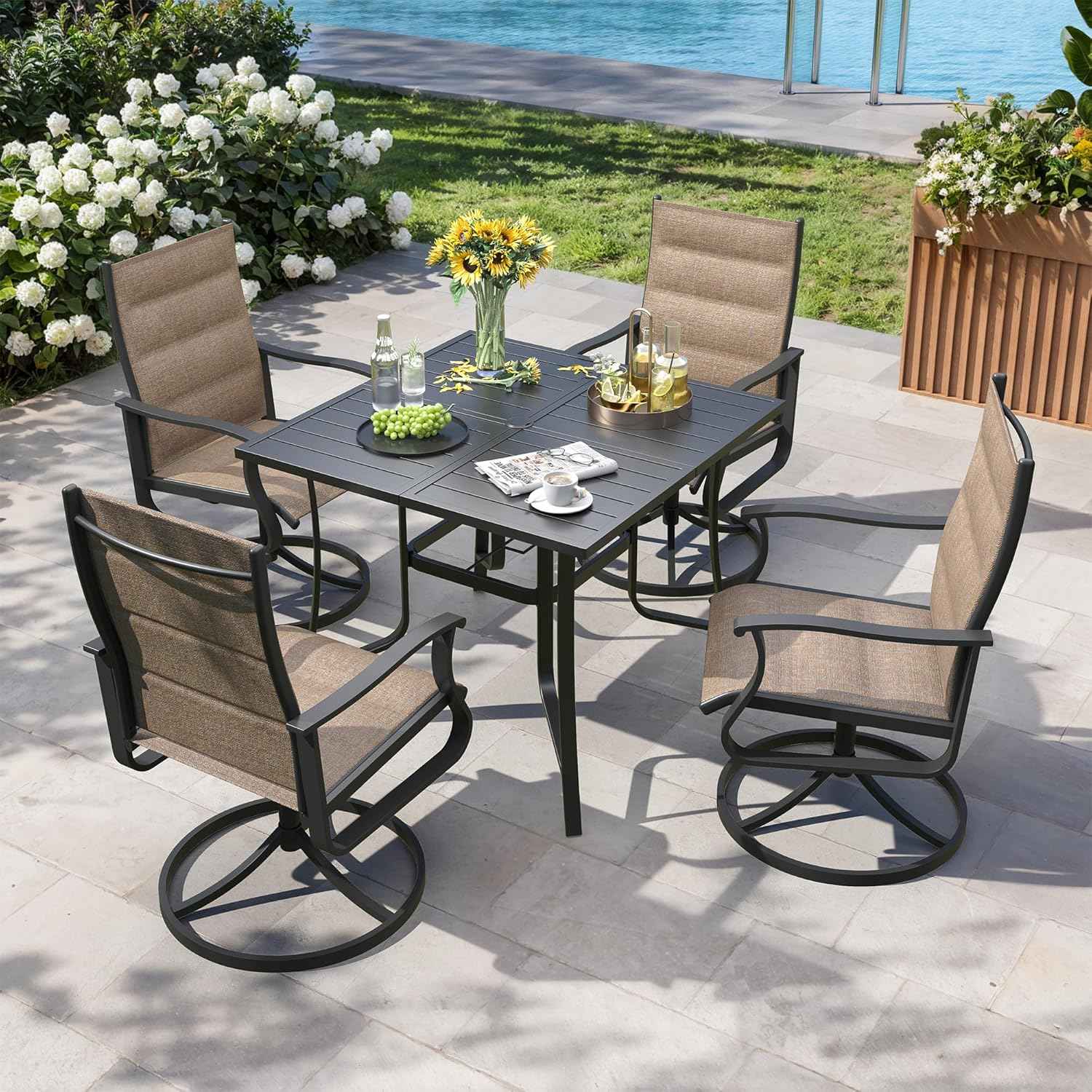 5 Pieces Patio Dining Set, Padded Patio Outdoor Furniture Set of 4 Patio Swivel Dining Chairs and 36" Patio Spliced Square Tabletop with Umbrella Hole, for Deck, Backyard, Poolside & Garden