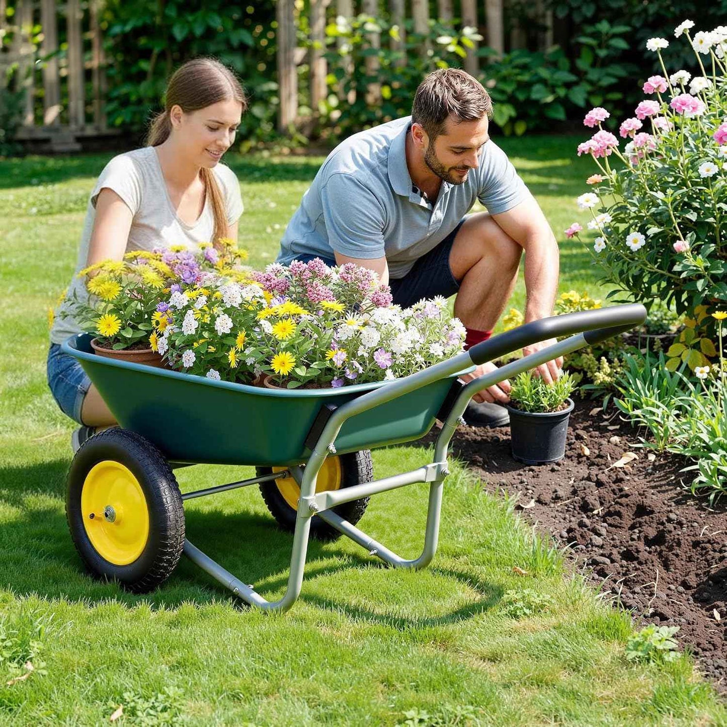 Dual-Wheel Garden Cart, 14" Pneumatic Tires & Built-in Stand, 4.5 Cu Ft Utility Yard Wheelbarrow for Gardening, Soil, Construction, Easy Assembly
