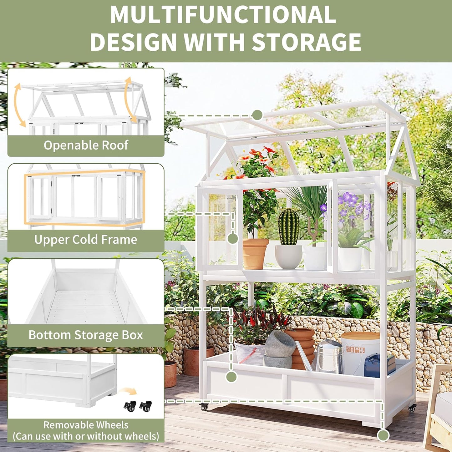 Merax 69.3" H Wood Garden Greenhouse, Balcony Portable Mini Cold Frame with Wheels, Movable Storage Box and Openable Roof, Flower Plants Shelf for Balcony Outdoor Indoor Backyard, White