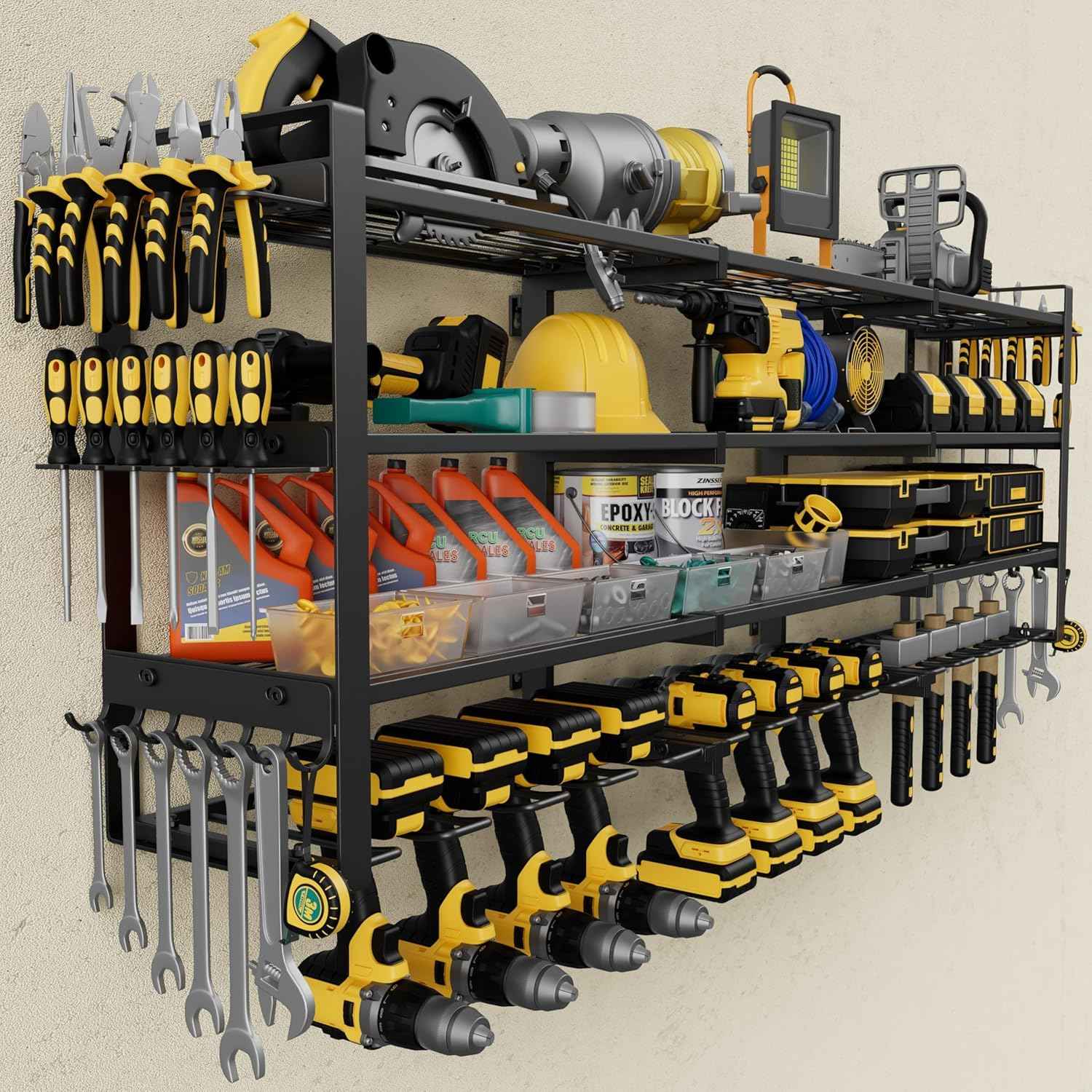Jusgym Large 49''W Power Tool Organizer Wall Mount |650lbs Tool Garage Storage Rack with 12 Cordless Drill Holder |4-Tier Heavy Duty Garage Organization |Fathers Day Dad Gifts for Men