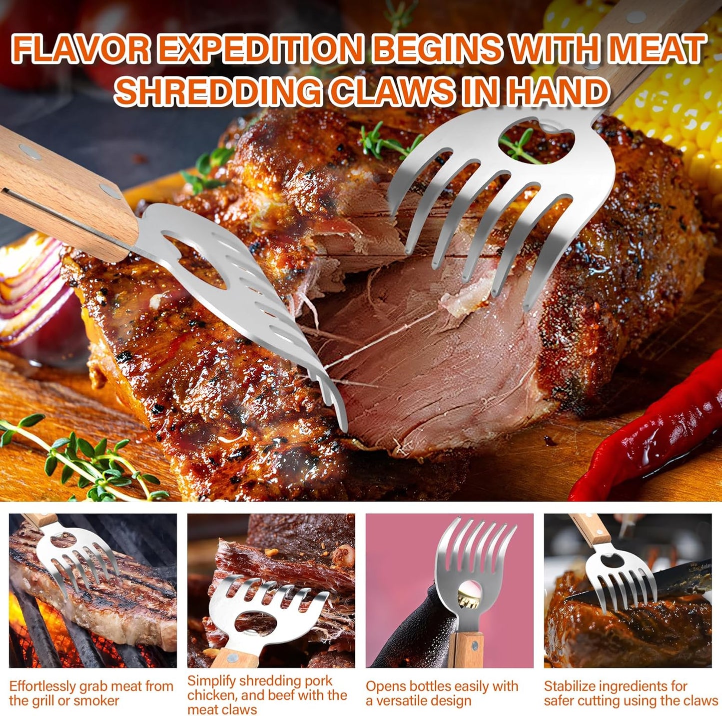 Stainless Steel Meat Shredder Claws with Long Wooden Handles for Pulled Pork, Turkey, Chicken - BBQ Tools for Shredding, Pulling, Handling, and Serving