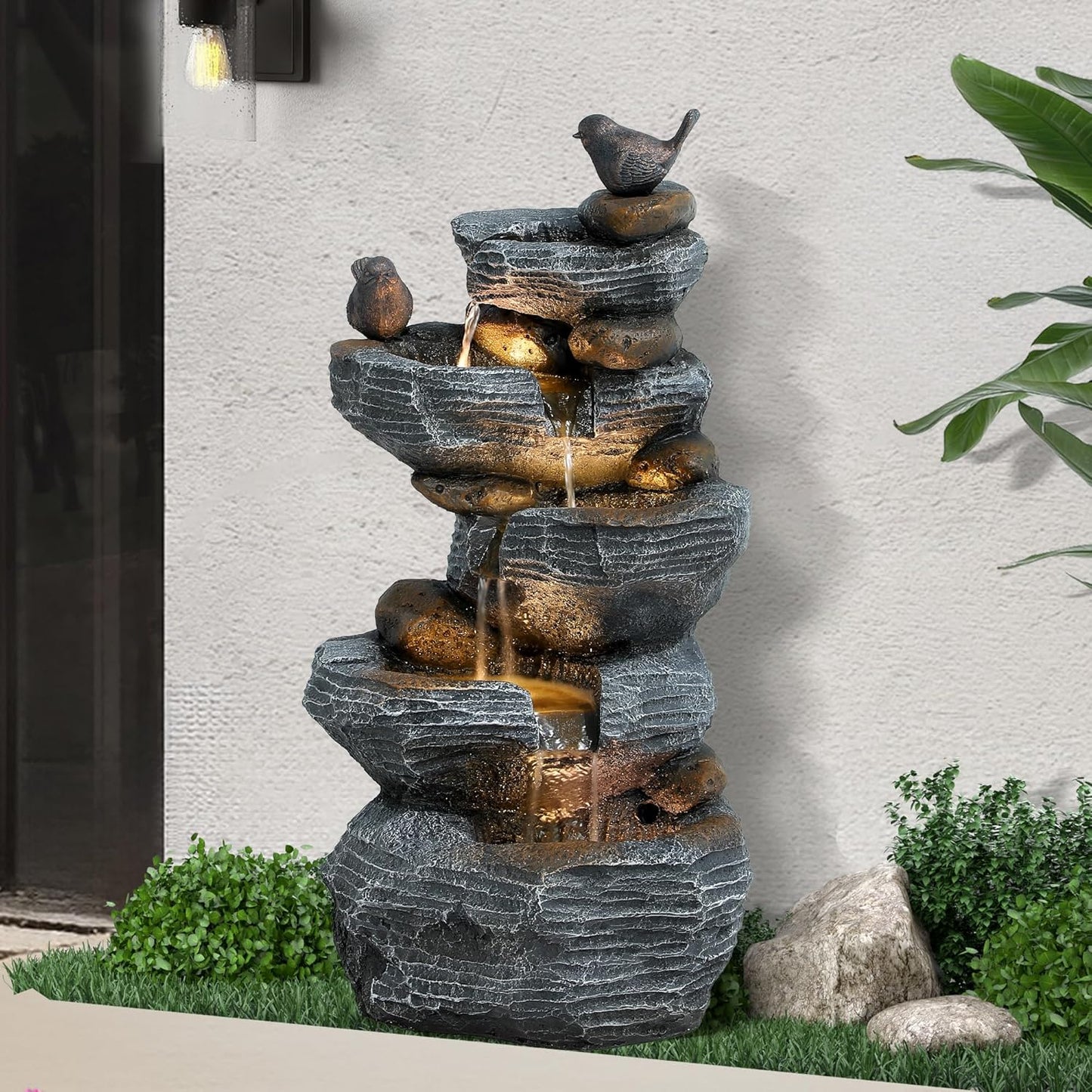5-Tiers Cascading Rock Water Fountain Outdoor - Waterfalls Fountains with LED Lights, Outdoor/Indoor Resin Water Feature Fountain for Patio, Garden, Backyard, Deck, Porch, Home Docor