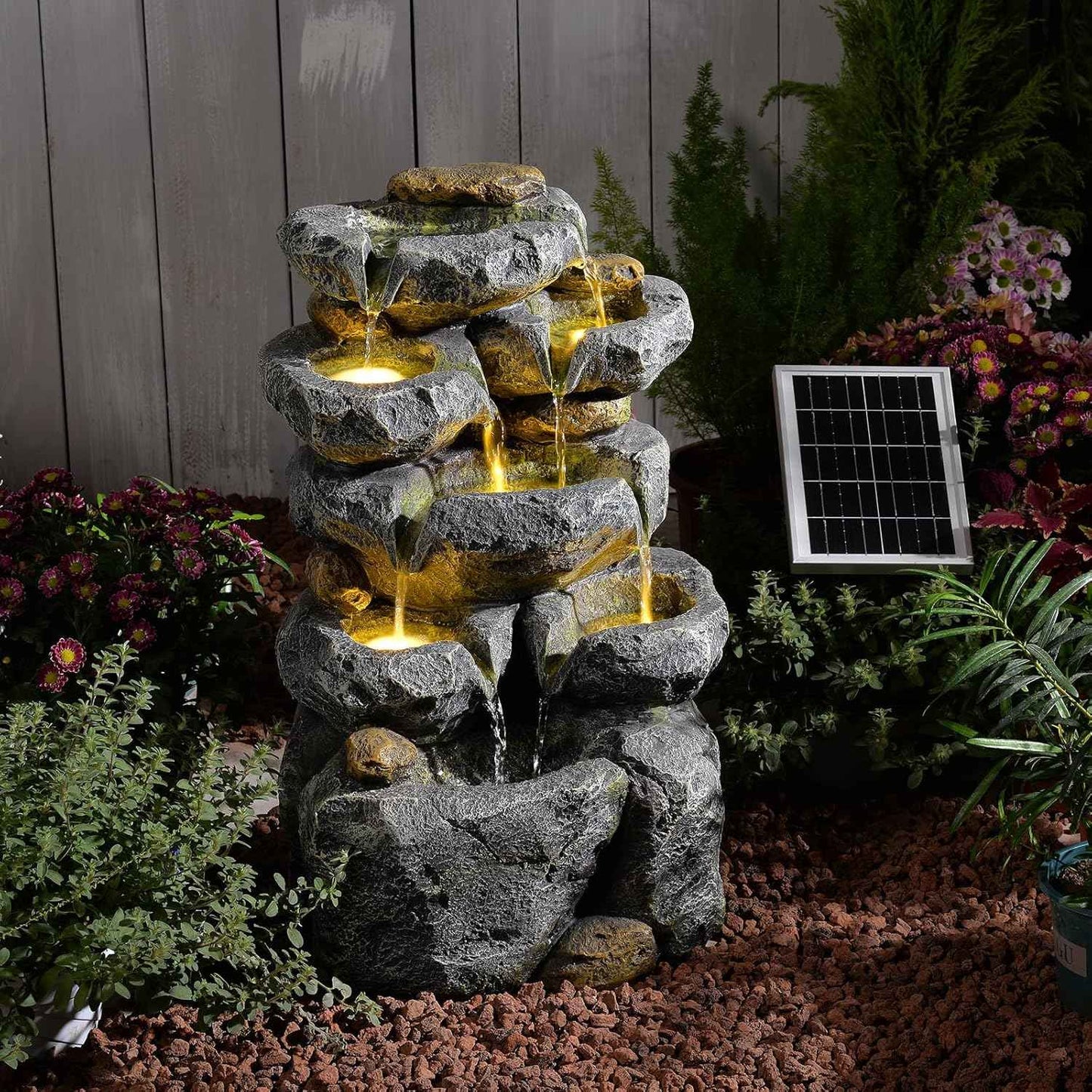 Solar Water Fountain Outdoor Garden, 24" H Cascading Stone Design 5 Tier Rock Feature Outdoor Fountains Waterfalls with Light, Pump Solar Panel for Patio, Deck, Porch, Backyard Home Décor
