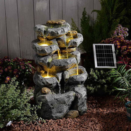 Solar Water Fountain Outdoor Garden, 24" H Cascading Stone Design 5 Tier Rock Feature Outdoor Fountains Waterfalls with Light, Pump Solar Panel for Patio, Deck, Porch, Backyard Home Décor