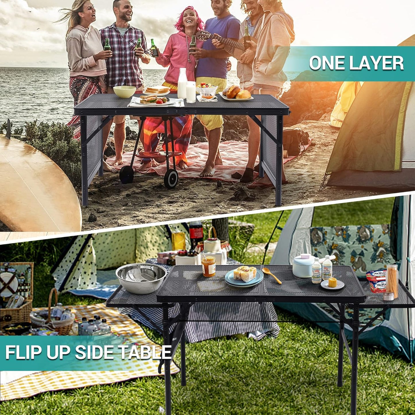 Nice C Folding Grill Table, Camping Table, Tailgate Tables, Grill Tables, Outdoor, Metal Folding Adjustable Height&Width, Mesh Net, Carry Handle