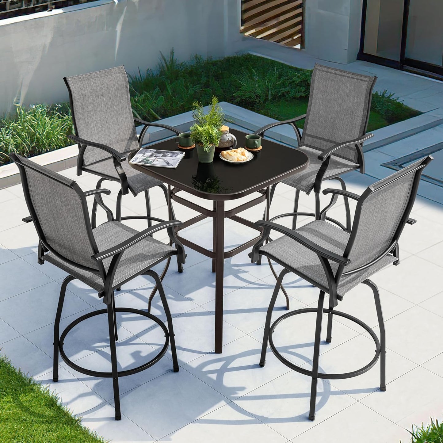 NUU GARDEN 5 PCS Patio Bar Set, Outdoor Tempered Glass Square Bar Table and Textilene Swivel Bar Stools with High Backrest, Bar Height Outdoor Table and Chairs for Patio, Garden, Backyard and Balcony