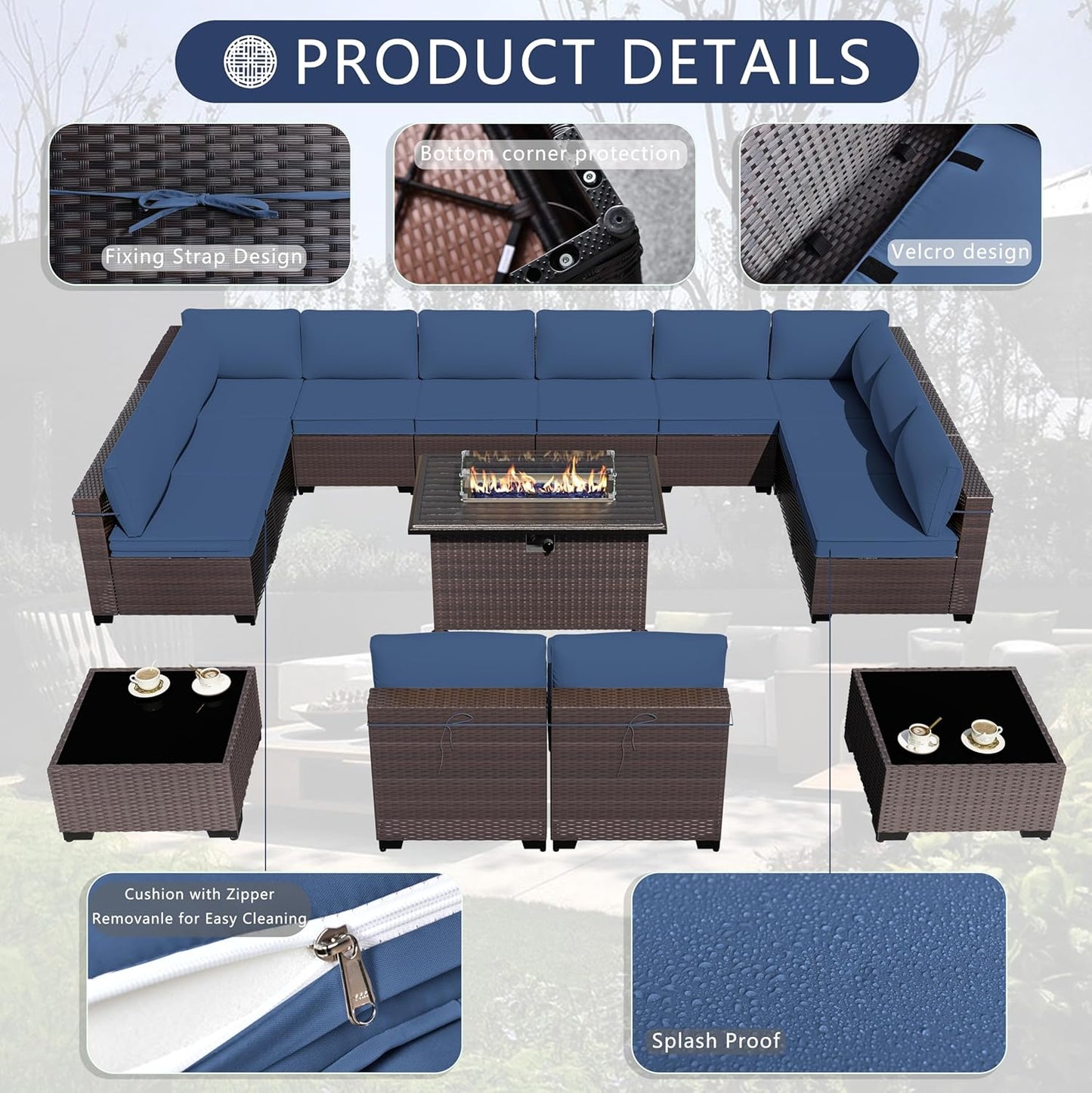 Outdoor Patio Furniture Set with Gas Fire Pit Table, 13 Pieces Outdoor Furniture Set Patio Sectional Sofa w/43in 55000 BTU Propane Fire Pit, PE Wicker Rattan Patio Conversation Sets - Dark Blue