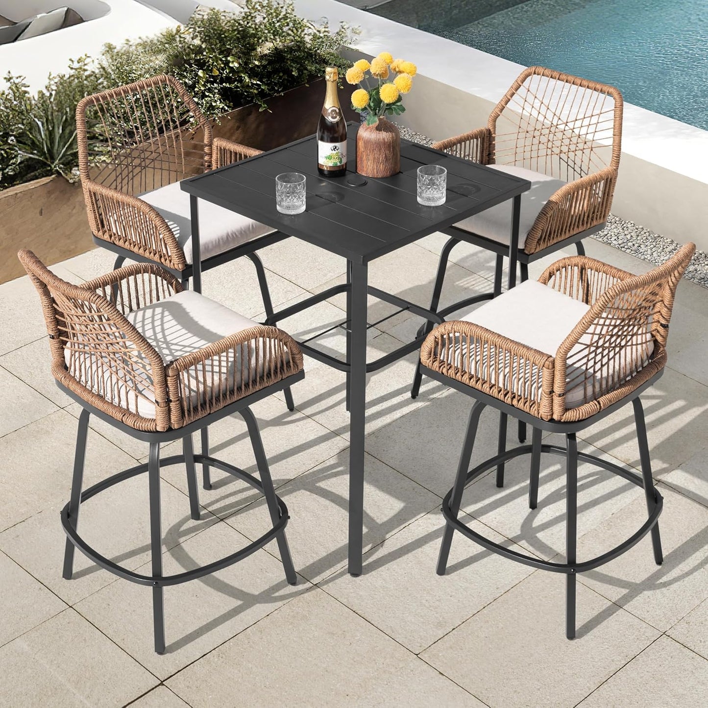 NUU GARDEN 5-Piece Patio Bar Set, All Weather Rattan Swivel Stools, 360 Degree Outdoor Swivel Bar Set for Backyard, Balcony, Garden and Poolside, Black and Beige
