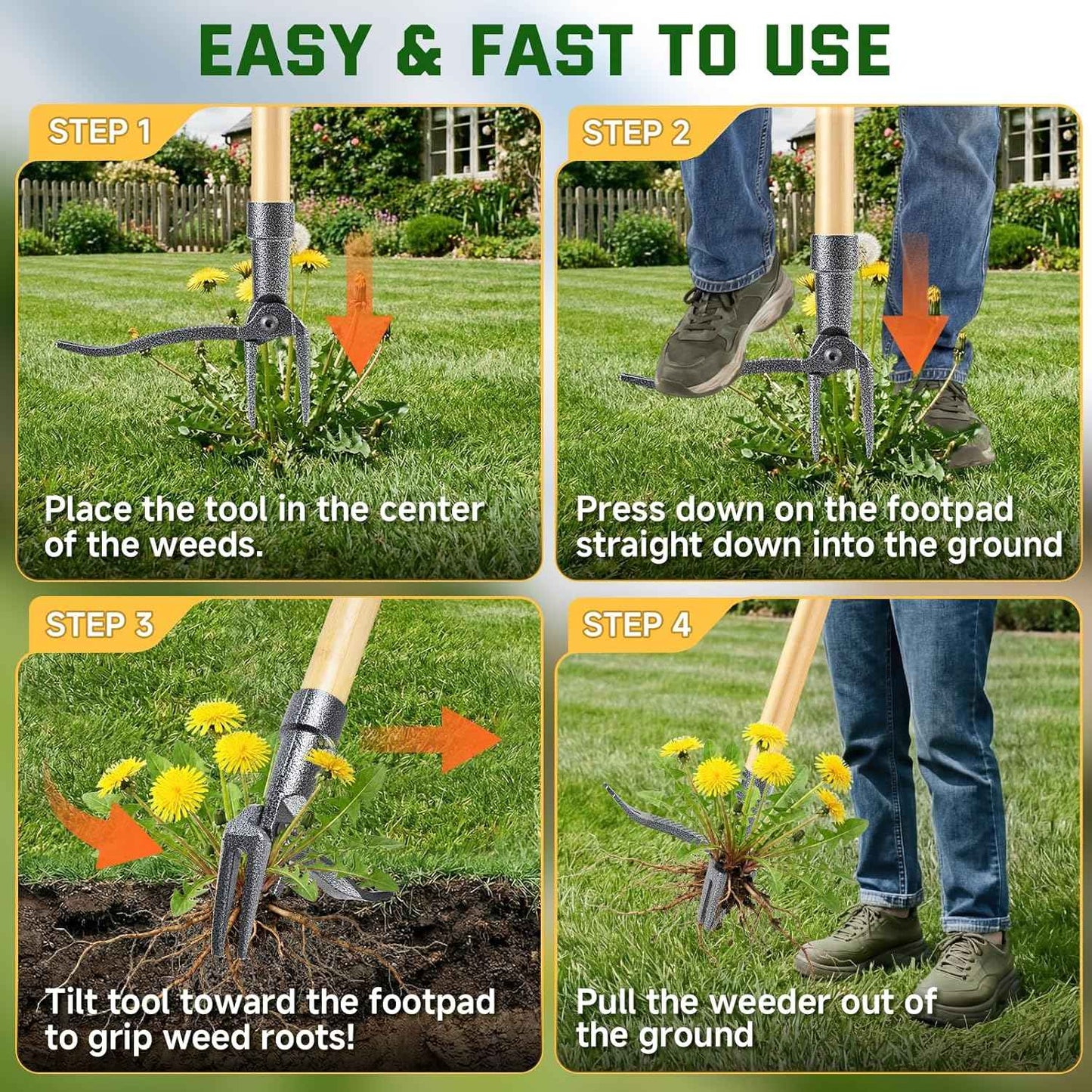 Weed Puller Tool, Stand Up Heavy Duty Weed Remover Tool with Long Handle & 4-Claw Steel Head, Bamboo Garden Hand Weeding Tool - Easily Remove Weeds Without Bending, Pulling,or Kneeling