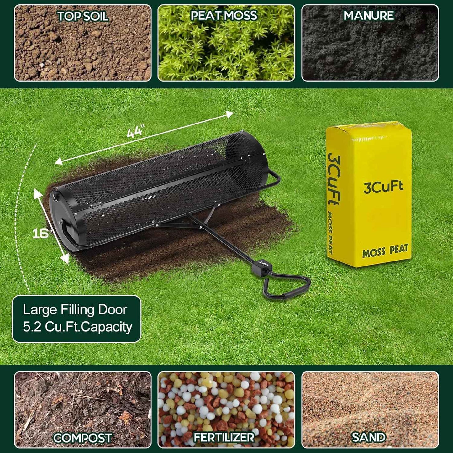 Compost and Peat Moss Spreader with Updated 2 in 1 ATV & T Shaped Handle, 16”WX44”L, Lawn and Garden Peat Moss Roller w/Laser Cutting Wire Mesh Baskets for Spreading Manure, Topsoil