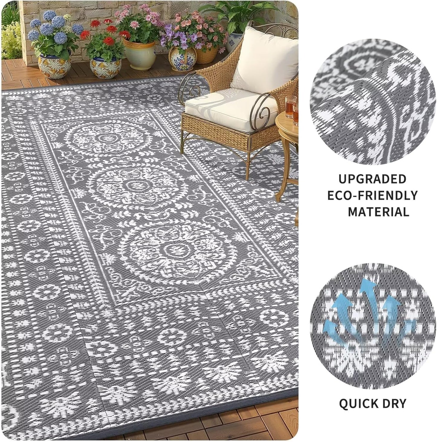 Garvee Reversible Outdoor Rug 5x8 for Patio, Waterproof Outdoor Area Rug, Boho Medallion Indoor Outdoor Carpet for Porch, Plastic Straw Rug for RV, Camping, Deck, Vintage Grey