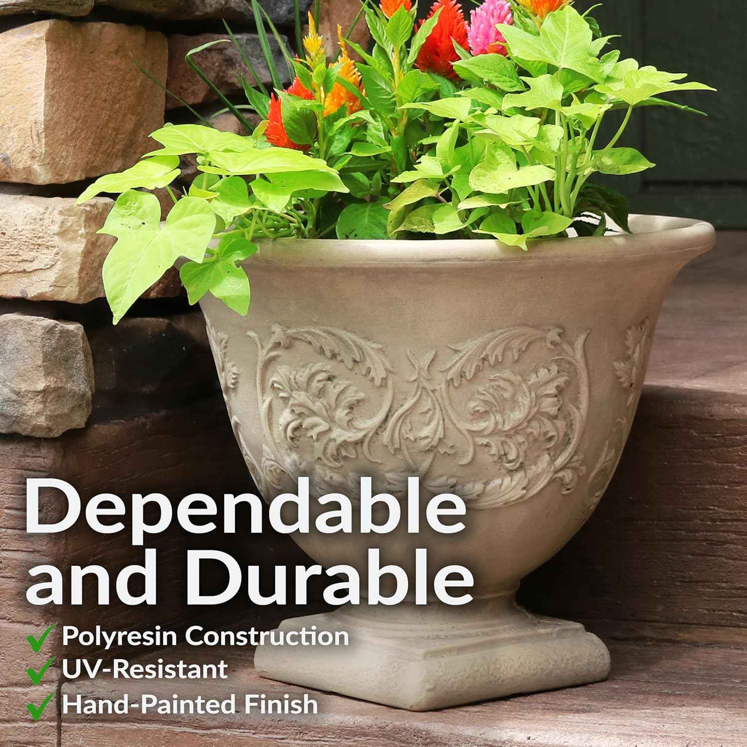 Sunnydaze 16-Inch Darcy Outdoor Pedestal Planter - Polyresin Large Round Plant Pot with Drillable Drainage Hole - Plastic Urn Planter for Outdoor Plants - Beige