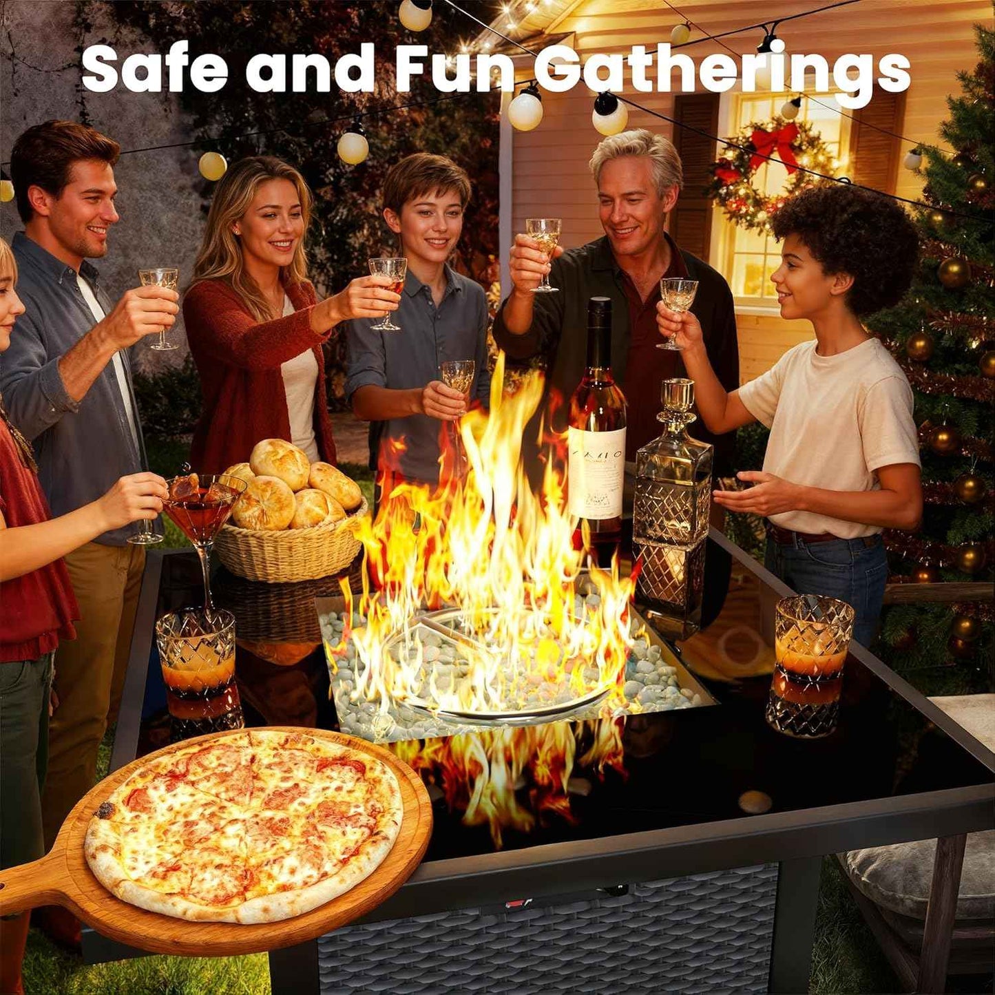 Propane Fire Pit Table, Outdoor Fire Pit Table, 28" Rattan Square Outdoor Gas FirePit with Glass Wind Guard, Tempered Glass Tabletop, Lid, CSA Listed, 50,000 BTU, Outside Patio Deck & Garden, Black