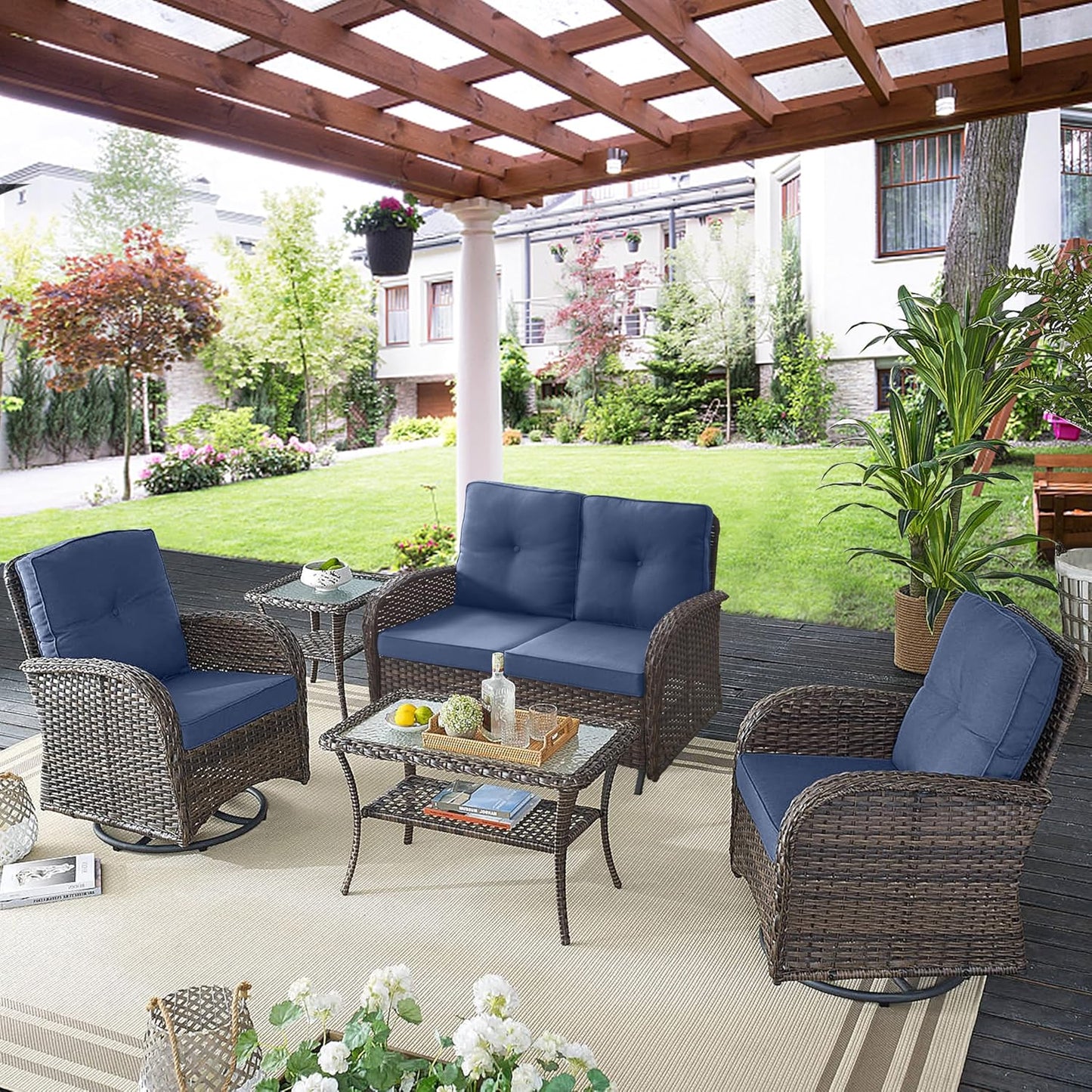 5 Piece Outdoor Patio Furniture Set with Deep Seating Swivel Rocker Chairs Loveseat and Rattan Coffee Table Outdoor Conversation Sets for Deck Backyard Poolside