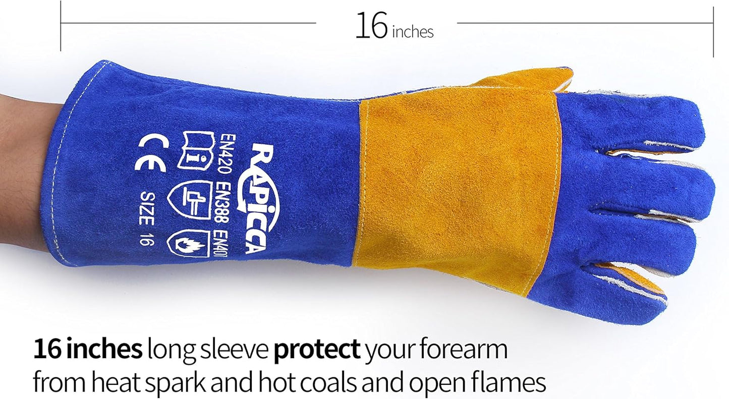 Welding Gloves Fire Heat Resistant: Blue 16IN 932℉ - Fireproof Leather For Stick Mig Flux-Core Welder Forge Blacksmith Fireplace Wood Stove Fire Pit Grill Oven Furnace Handling Dry Ice - Birthday Gift
