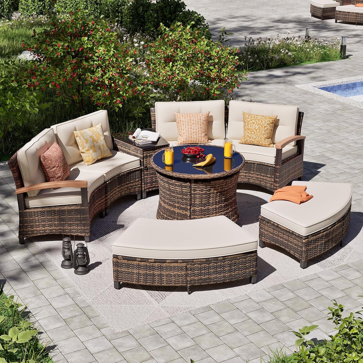 8 Piece Outdoor Patio Furniture Set, Half-Moon Curved Sectional Set with Wood Armrests, Patio Conversation Set, 2 Half-Moon Ottomans, Round Table & Side Table (Brown)