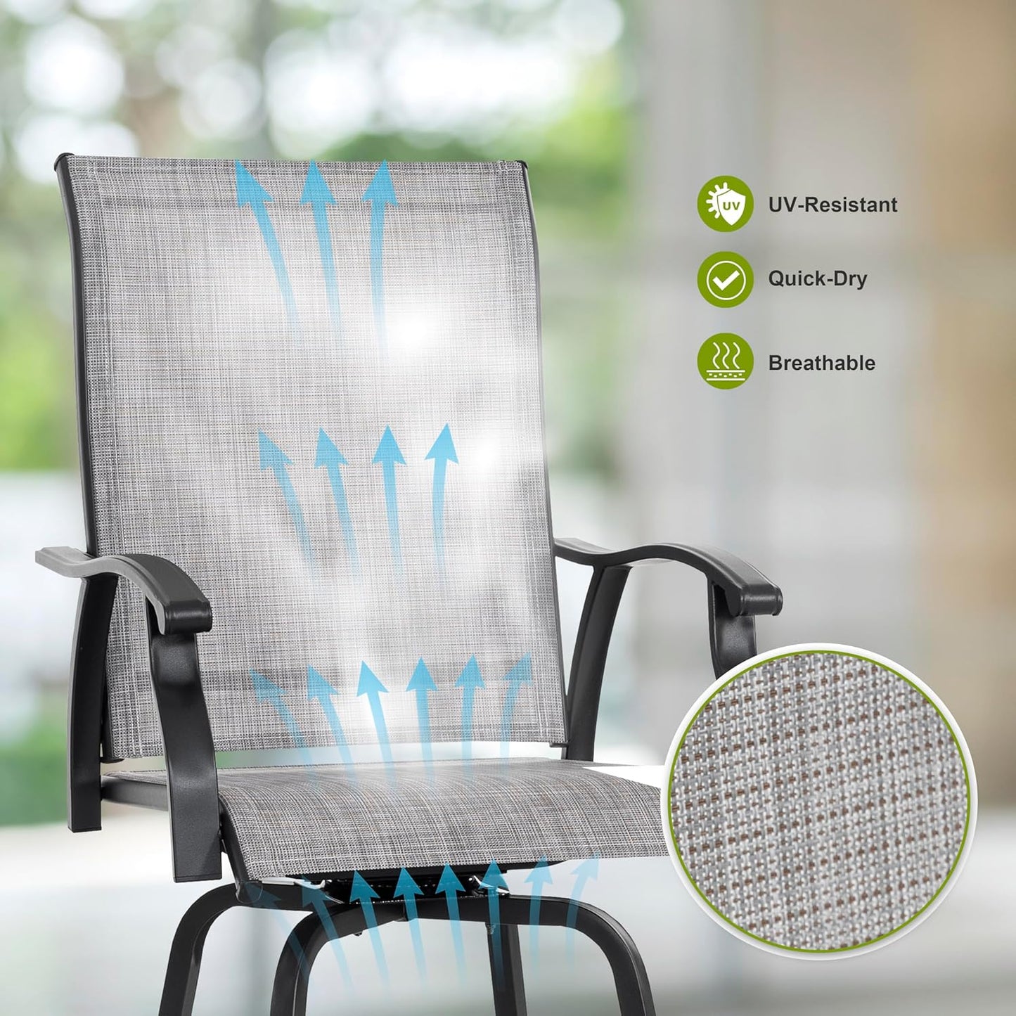 NUU GARDEN 5 Piece Patio Swivel Bar Set, All-Weather Textilene High Bistro Stools, Square Bar Table with Slatted Tabletop and Umbrella Hole for Sunroom, Backyard and Balcony