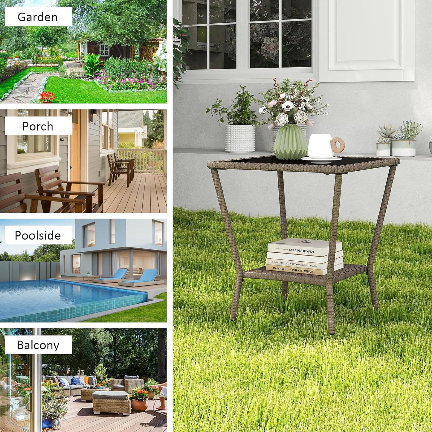 Outdoor Small Patio Table - PE Rattan Coffee Table, Wicker Side Table for Patio, Balcony & Porch, Durable & Iron Frame (1, Sesame Brown)