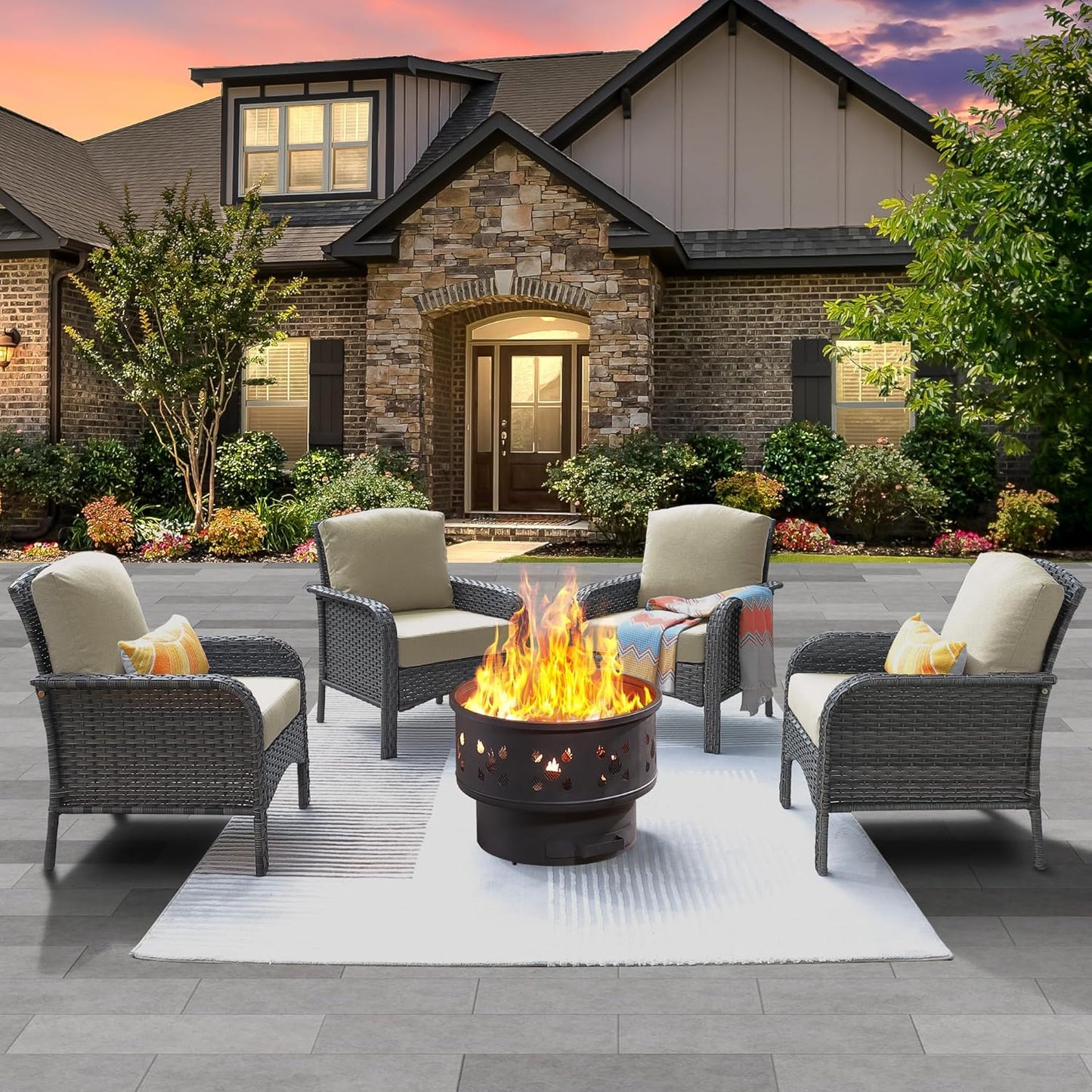 ovios 4 Pieces Patio Furniture Set with 25" Fire Pit, Outdoor Wicker Chairs of 4, All Weather High Back Rattan Chairs 4-Seater with Comfy Cushions, Beige