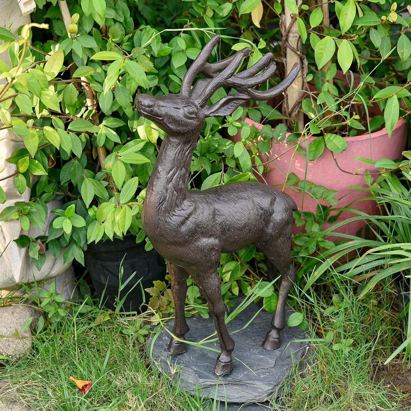Sungmor 22" Tall Cast Iron Deer Statue - Indoor Outdoor Metal Deer Sculpture, Large & Heavy-Duty Wild Animal Landscaping Figurine, Rustic Garden Decor for Patio, Yard, Home (Dark Brown)