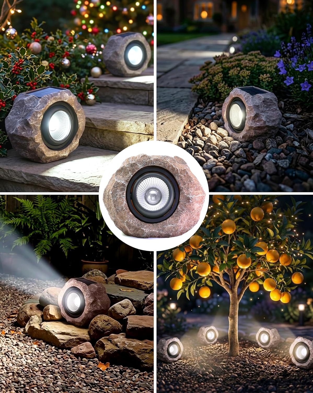 4 Pack Solar Rock Lights Outdoor, Angle Adjustable Solar Lights Outdoor Waterproof, LED Solar Garden Lights, Auto On/Off Landscape Lighting for Yard Pathway Patio Flower Bed - White Glow (Stone Brown)