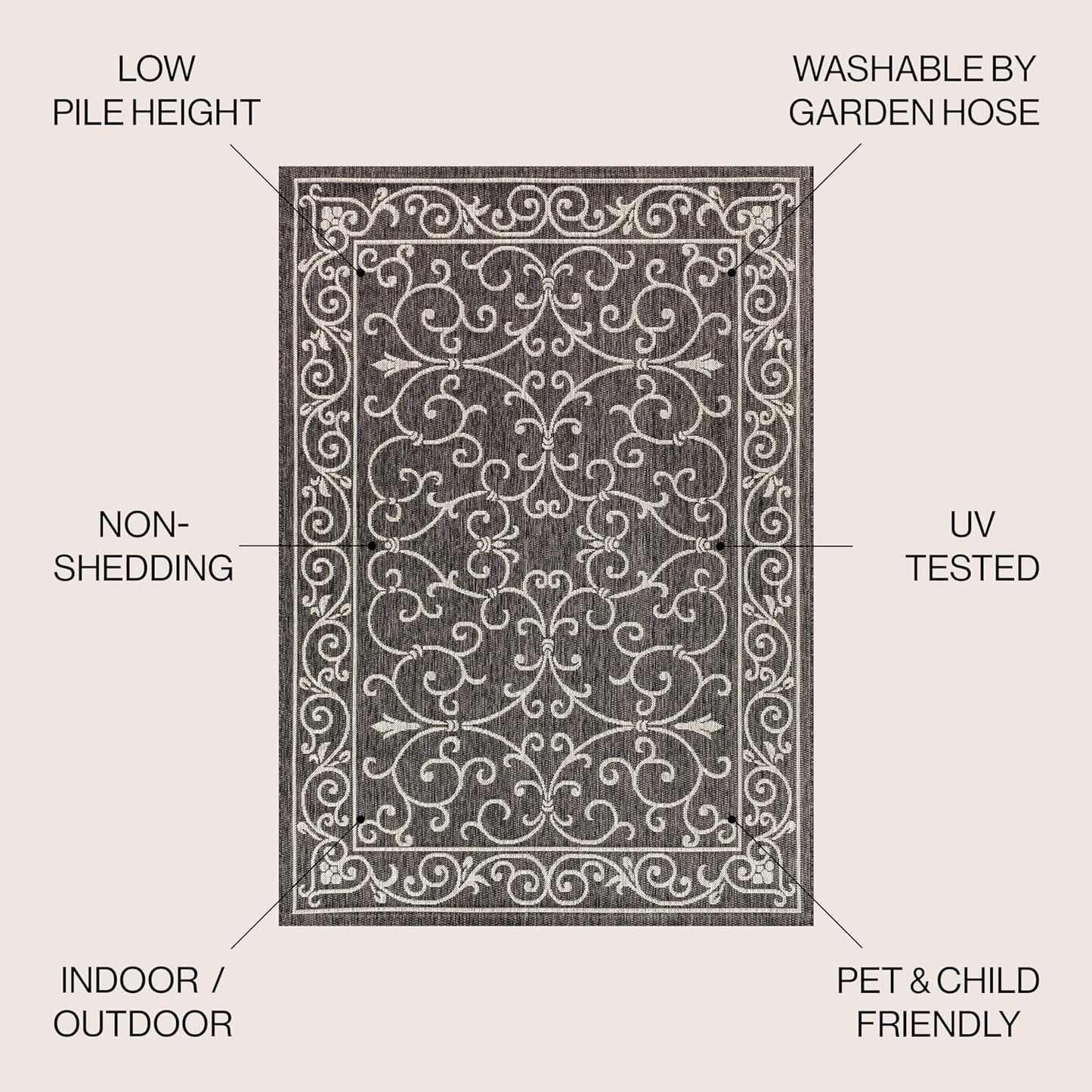 JONATHAN Y SMB106G-9R Charleston Vintage Filigree Textured Weave Black/Gray 9' Round Indoor/Outdoor Area Rug, Pet Friendly, Non-Shedding, Stain Resistant, Easy-Cleaning for Backyard, Patio, Porch