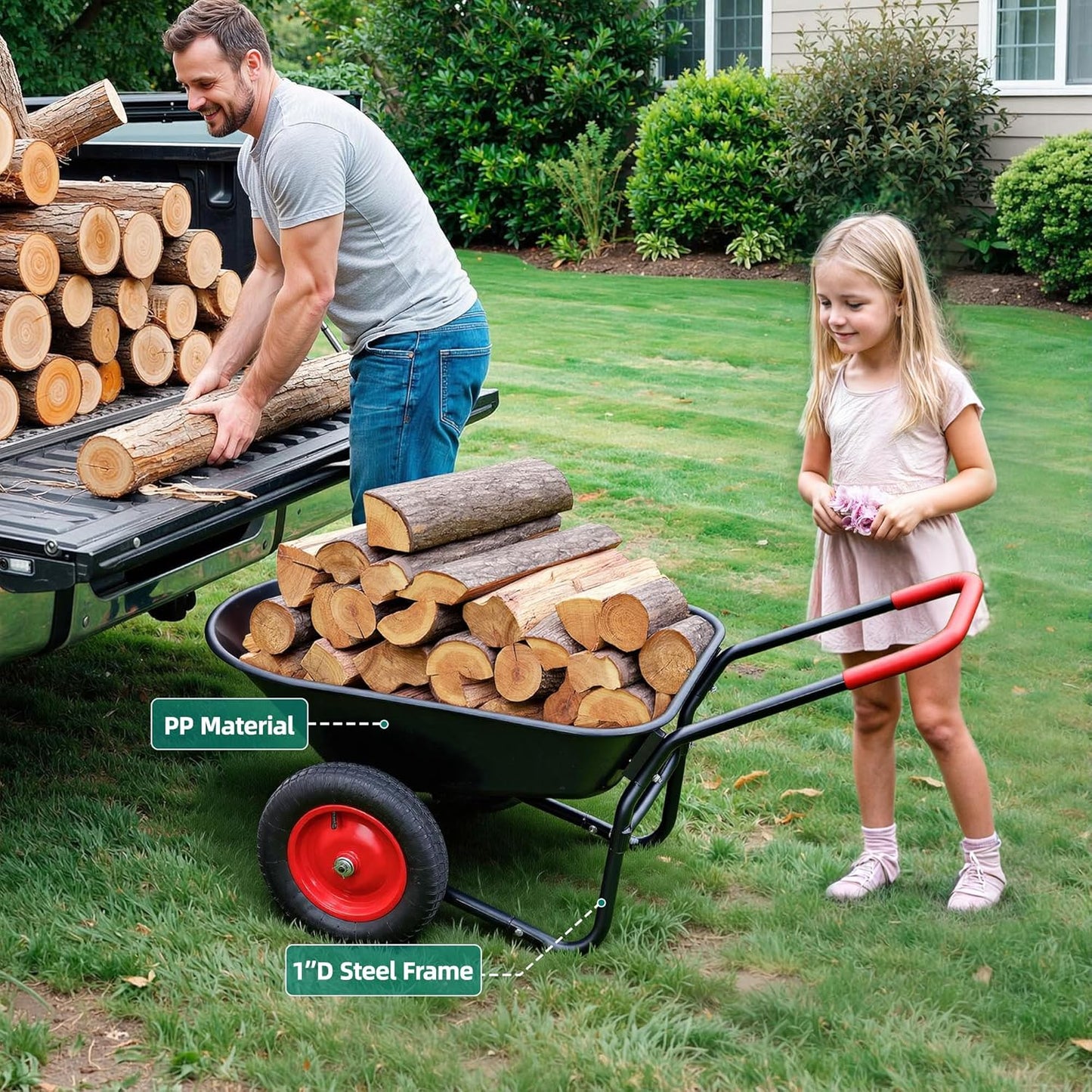 2 Wheel Wheelbarrow, Dual-Wheel Garden Dump Cart with 13" Non-Slip Pneumatic Tires & Ergonomic Padded Handle, Heavy-Duty Home Utility Yard Cart Wagon with 4.5 Cu Ft Capacity for Lawn, Gardening