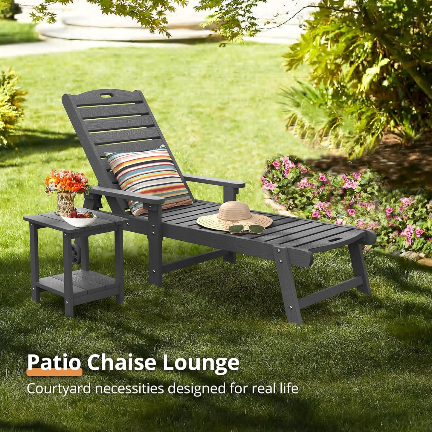 LUE BONA Outdoor Chaise Lounge, 79'' Oversized HDPS Chaise Lounger, 5 Positions Adjustable Lounge Chairs, Pool Lounge Chair with Wheels for Poolside, Backyard, 3 Year Warranty, Dark Gray