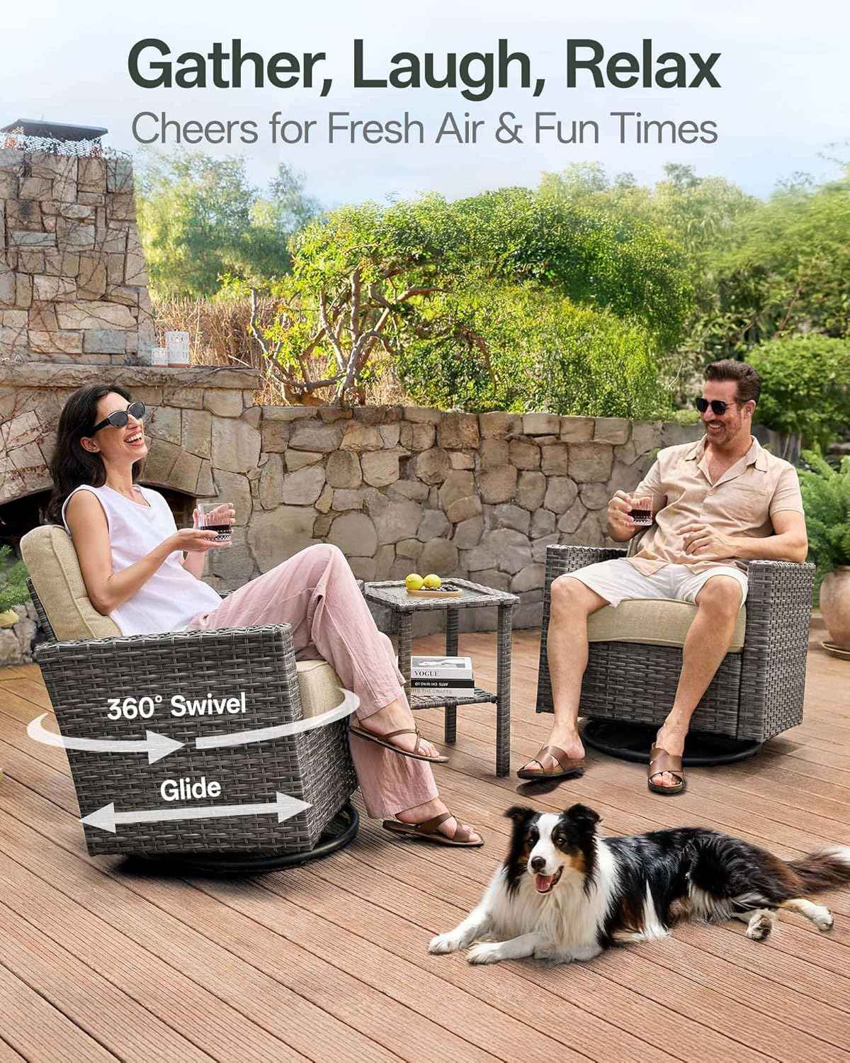 Luxury 5-Piece Patio Furniture Set with 6-Inch Thick Cushions, Outdoor Swivel Rocker Chairs Set, Wicker Conversation Set for Porch, Deck, Balcony, Yard in Beige
