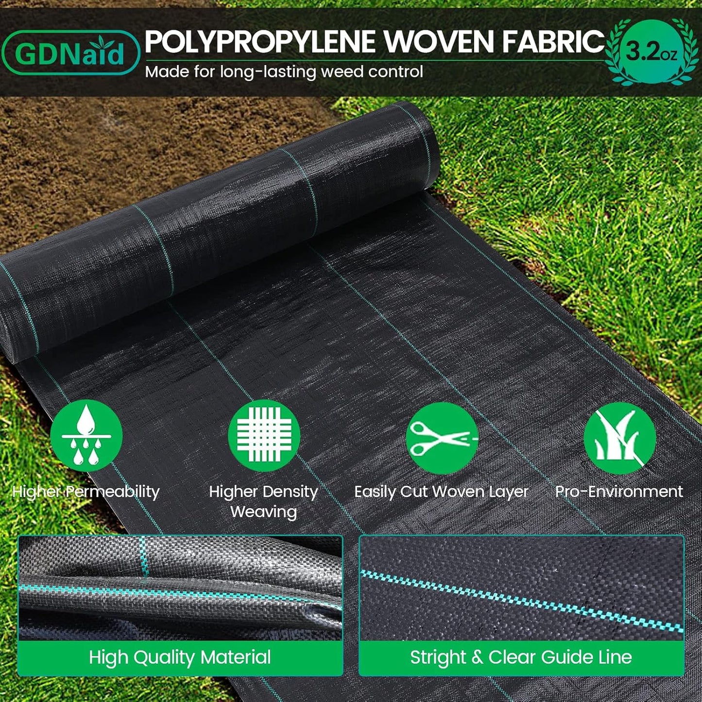 4x180ft Weed Barrier Landscape Fabric Heavy Duty, Premium 3.2oz Weed Barrier Fabric Weed Tarp, Weed Fabric, Garden Landscaping Fabric
