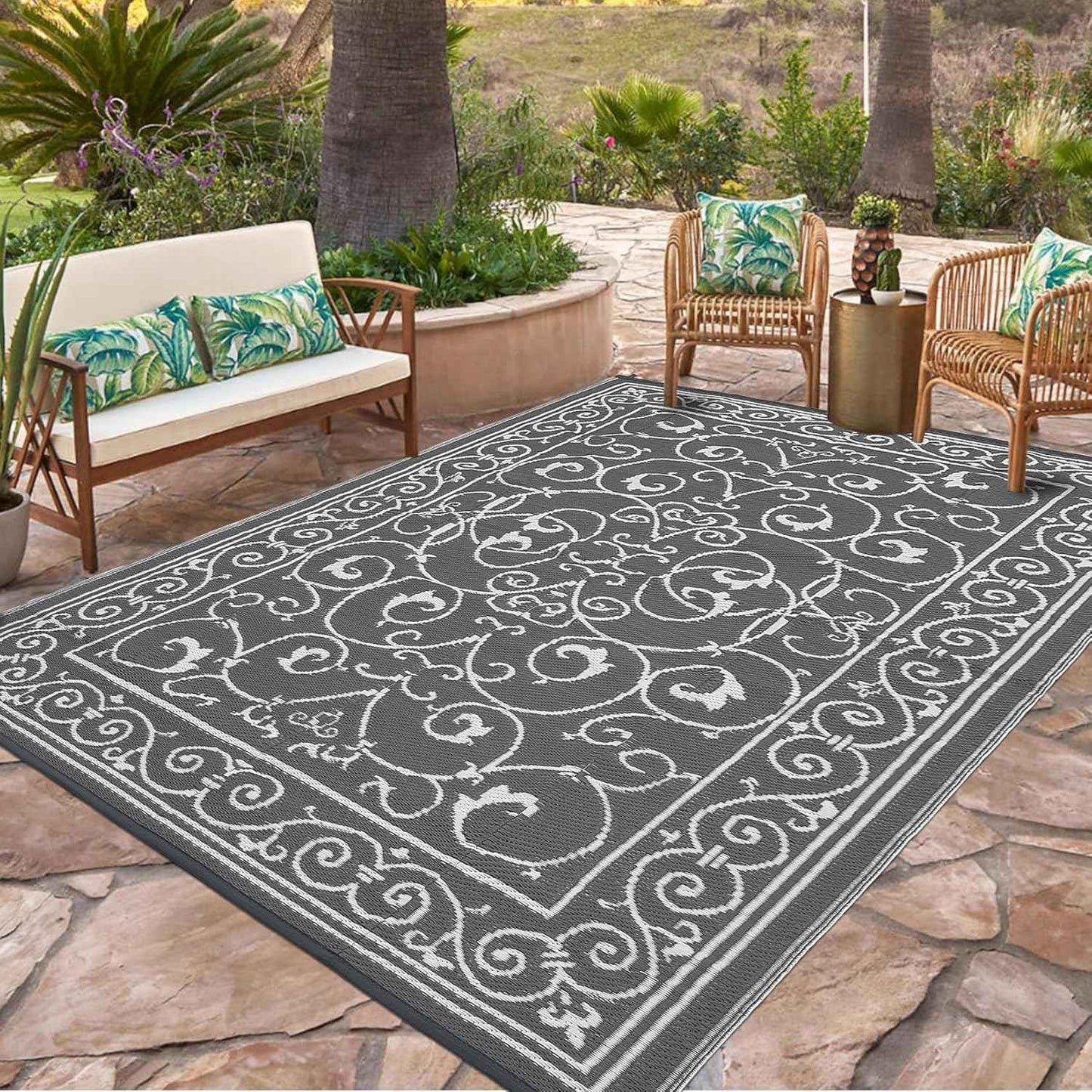 9x12 Outdoor Rug Waterproof Foldable Plastic Straw Carpet for Patio Porch Vintage Reversible Mat Lightweight Floor Mat for Picnic, Backyard, Rv, Beach, Deck, Camper, Balcony，Grey