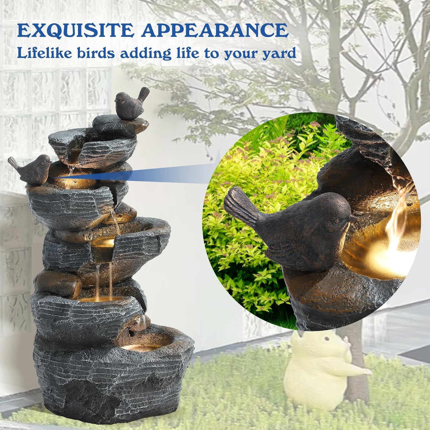 5-Tiers Cascading Rock Water Fountain Outdoor - Waterfalls Fountains with LED Lights, Outdoor/Indoor Resin Water Feature Fountain for Patio, Garden, Backyard, Deck, Porch, Home Docor