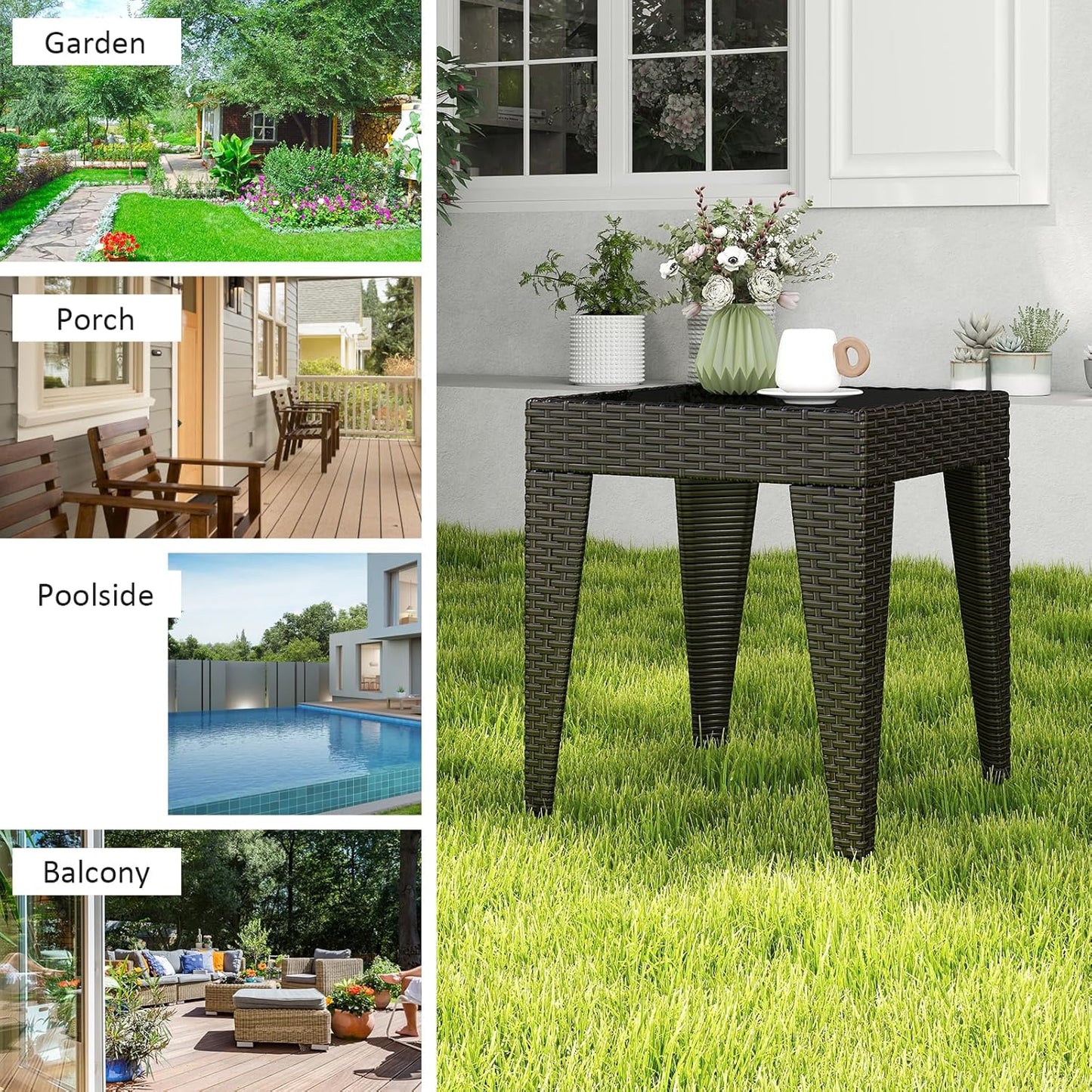 Outdoor Small Patio Table - PE Rattan Coffee Table, Wicker Side Table for Patio, Balcony & Porch, Durable & Iron Frame (2, Rattan Black)