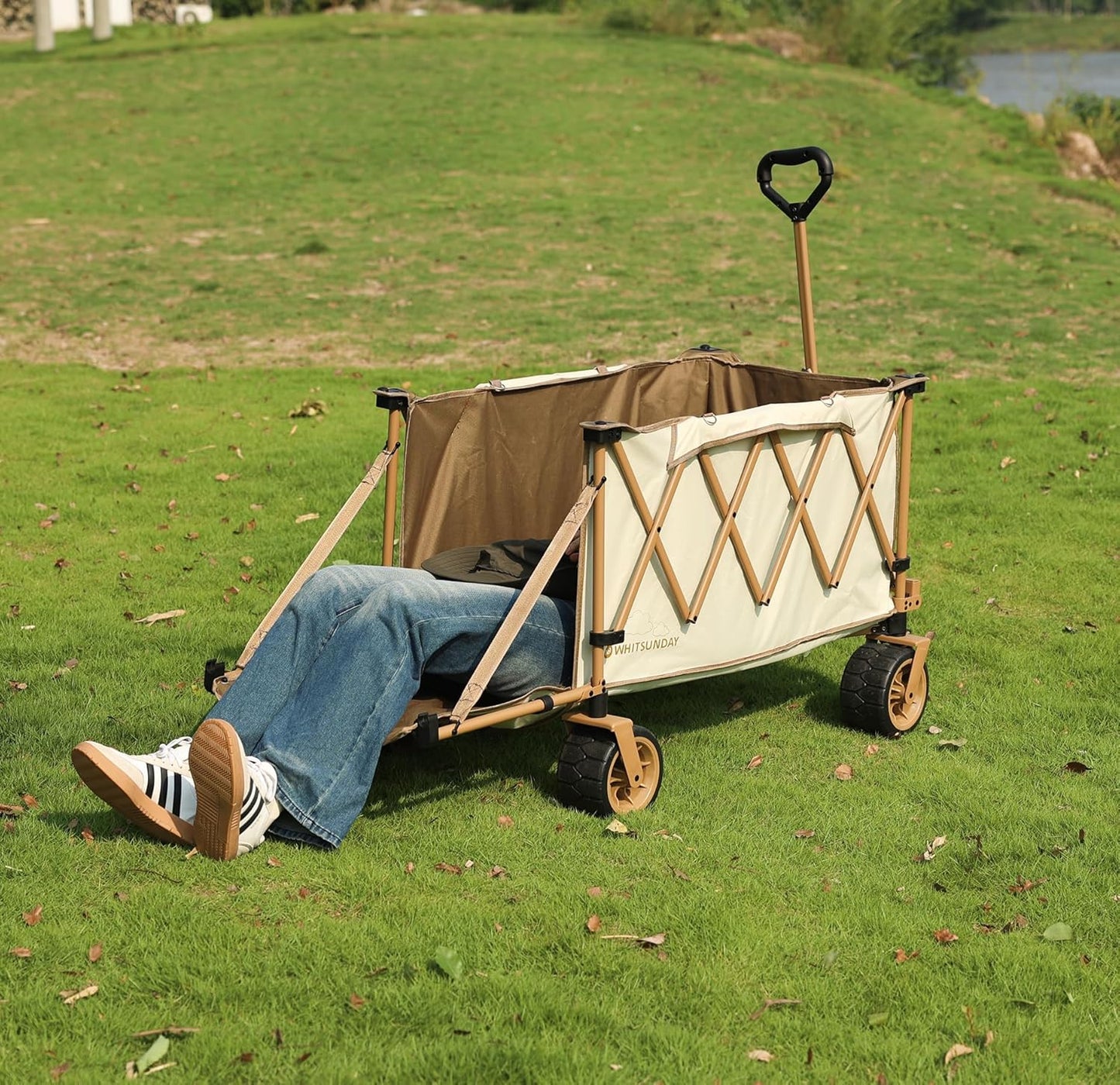 Whitsunday Collapsible Folding Wagon with Table,Heavy Duty Utility Beach Wagons with Opened Tailgate and All-Terrain Wheels for Camping,Garden,Sports Beige