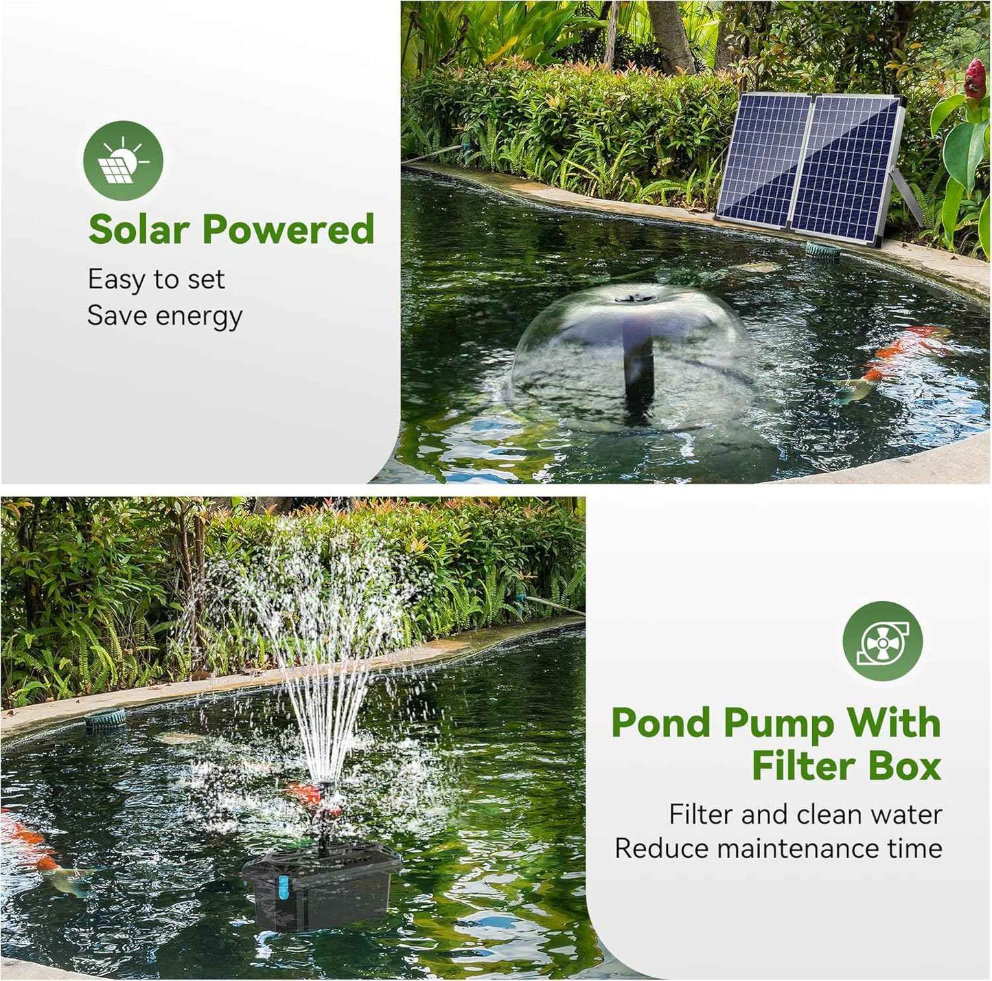 NFESOLAR 50W Solar Pond Filter Fountain, 580 GPH Water Pump, 10 FT Extension Cord, Solar Fountain Pump with Pond Filter Box Outdoor for Koi Ponds Water Feature