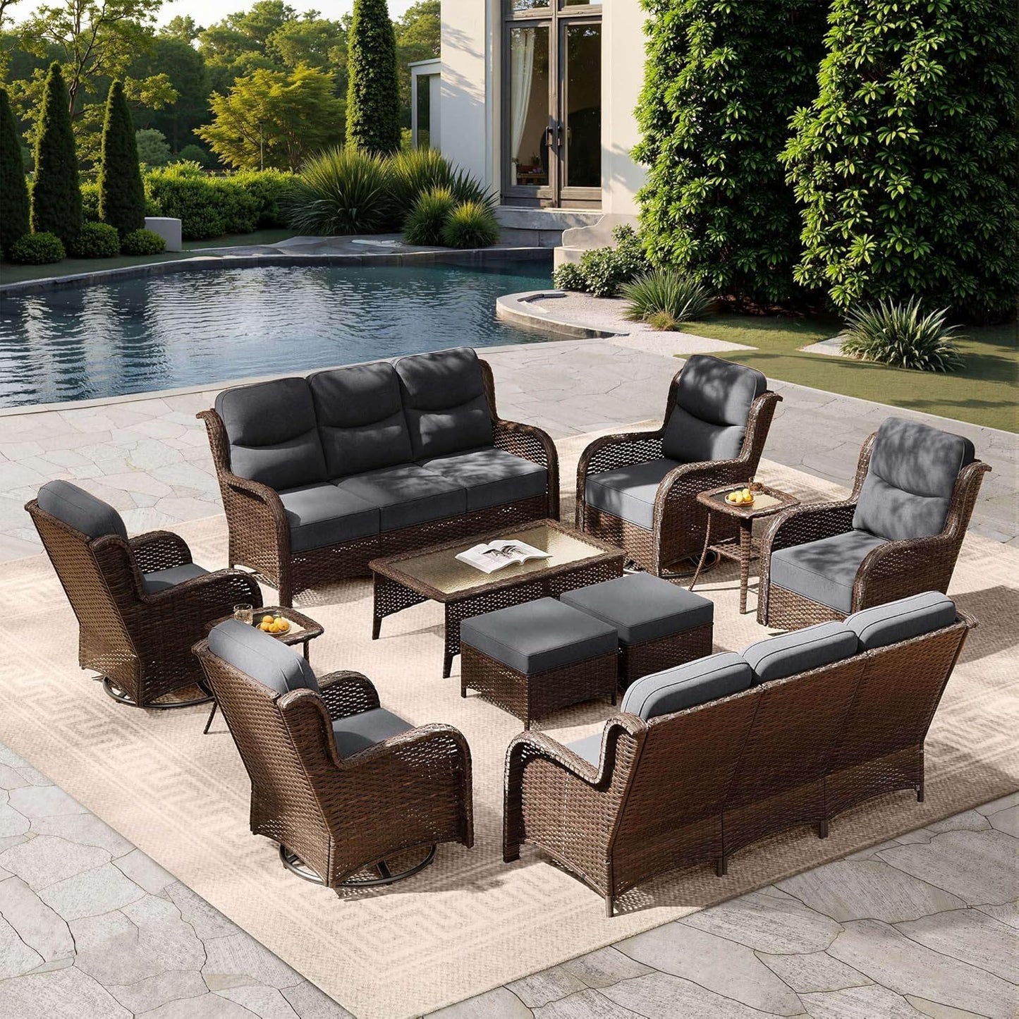HILLGA Luxury Patio Furniture Set with 6-Inch Thick Cushions, High Back Outdoor Swivel Rocker Chairs and Patio Couch, 11-Piece All Weather Conversation Set for Porch Deck Pool Yard, Dark Grey (V3)