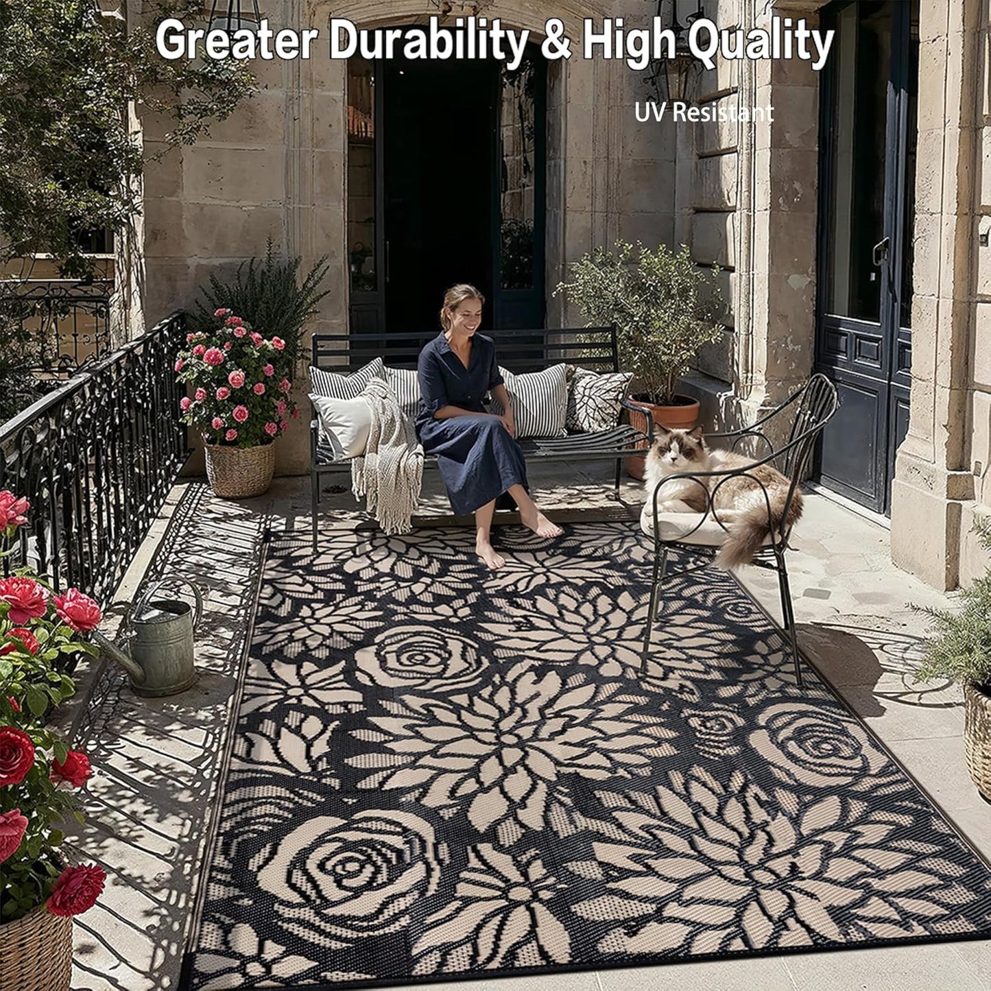 Outdoor Plastic Straw Rug Waterproof Patio 9x12 Black Brown Floral Mat for Porch Camping RV Balcony Deck Courtyard Reversible Lightweight Durable Portable Carpet