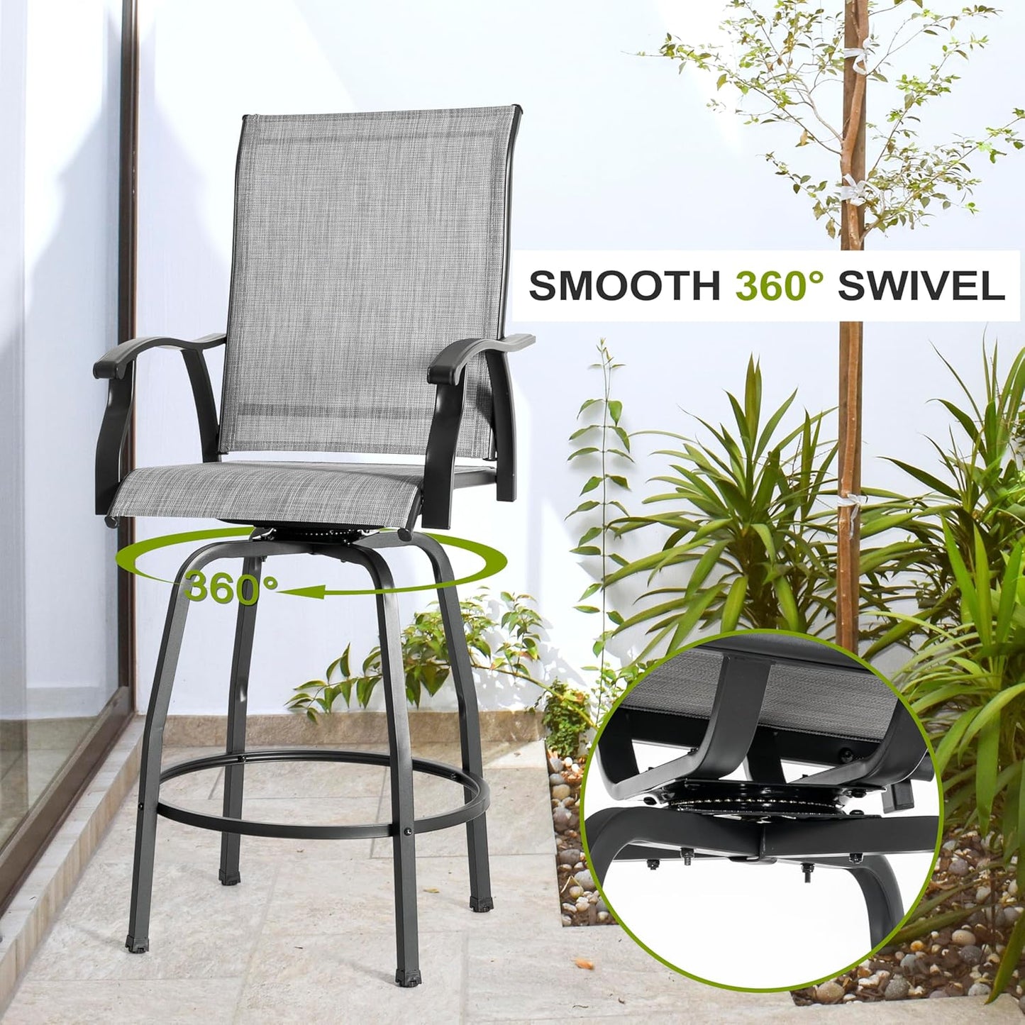 NUU GARDEN 5 PCS Patio Bar Set, Outdoor Tempered Glass Square Bar Table and Textilene Swivel Bar Stools with High Backrest, Bar Height Outdoor Table and Chairs for Patio, Garden, Backyard and Balcony