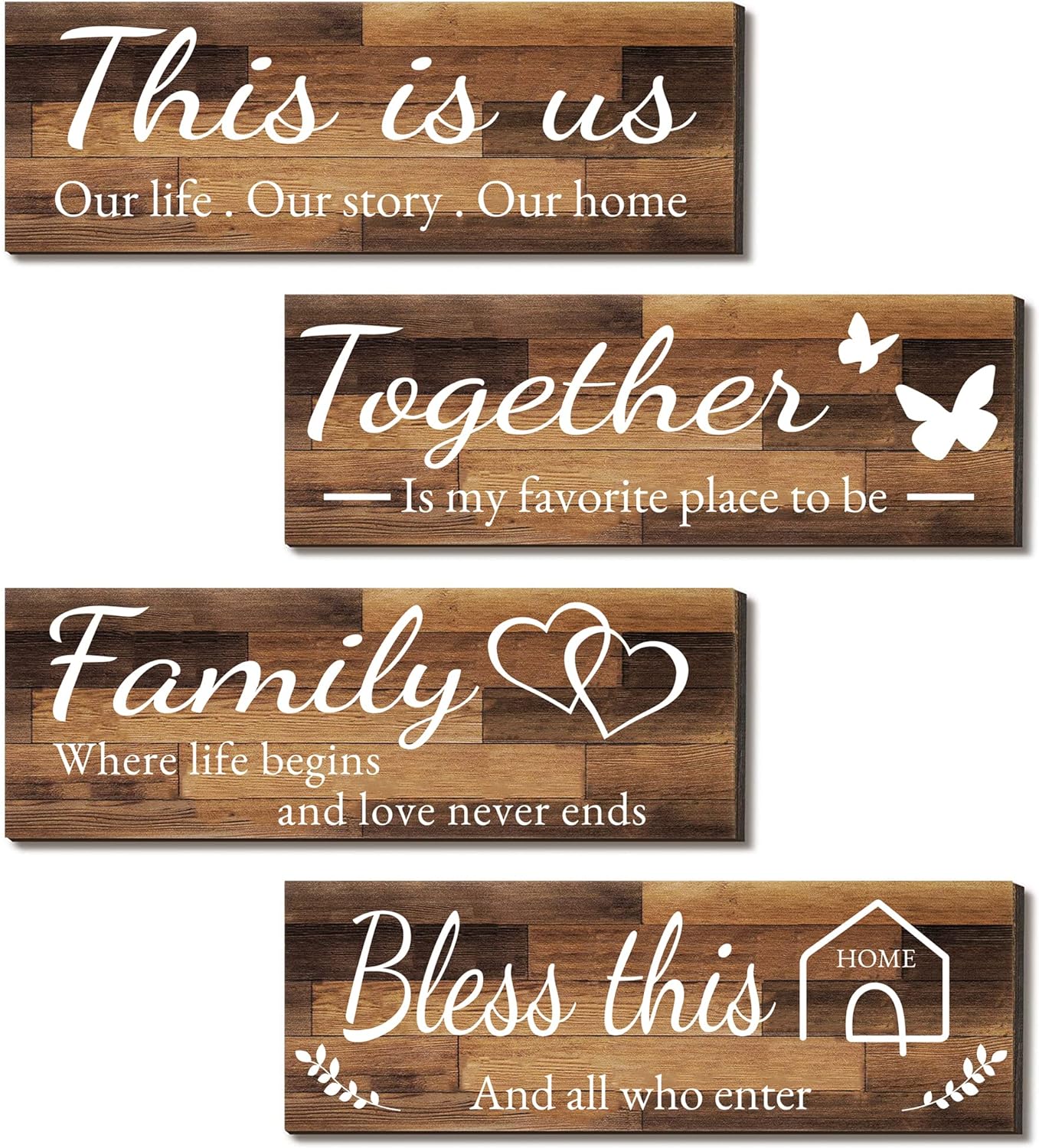 4 Pieces Home Wall Signs, THIS IS US/TOGETHER/BLESS THIS HOME/FAMILY Wall Decor For Living Room Bedroom, Rustic Wooden Farmhouse Wall Art , 4.7 x 13.8 Inch(Brown)