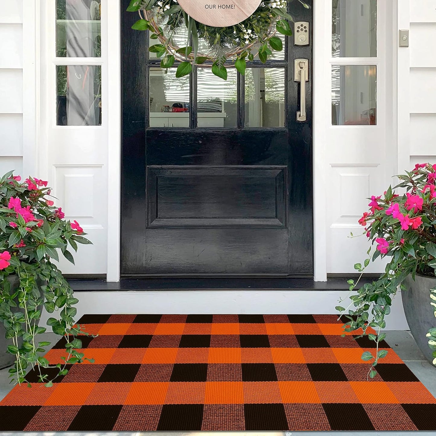 IOHOUZE Fall Buffalo Plaid Check Rug Outdoor Doormat 27.5 x 43 Inches Washable Woven Outdoor Indoor Welcome Mats for Front Door/Farmhouse/Entryway/Home Entrance Black and Orange Outdoor Rug