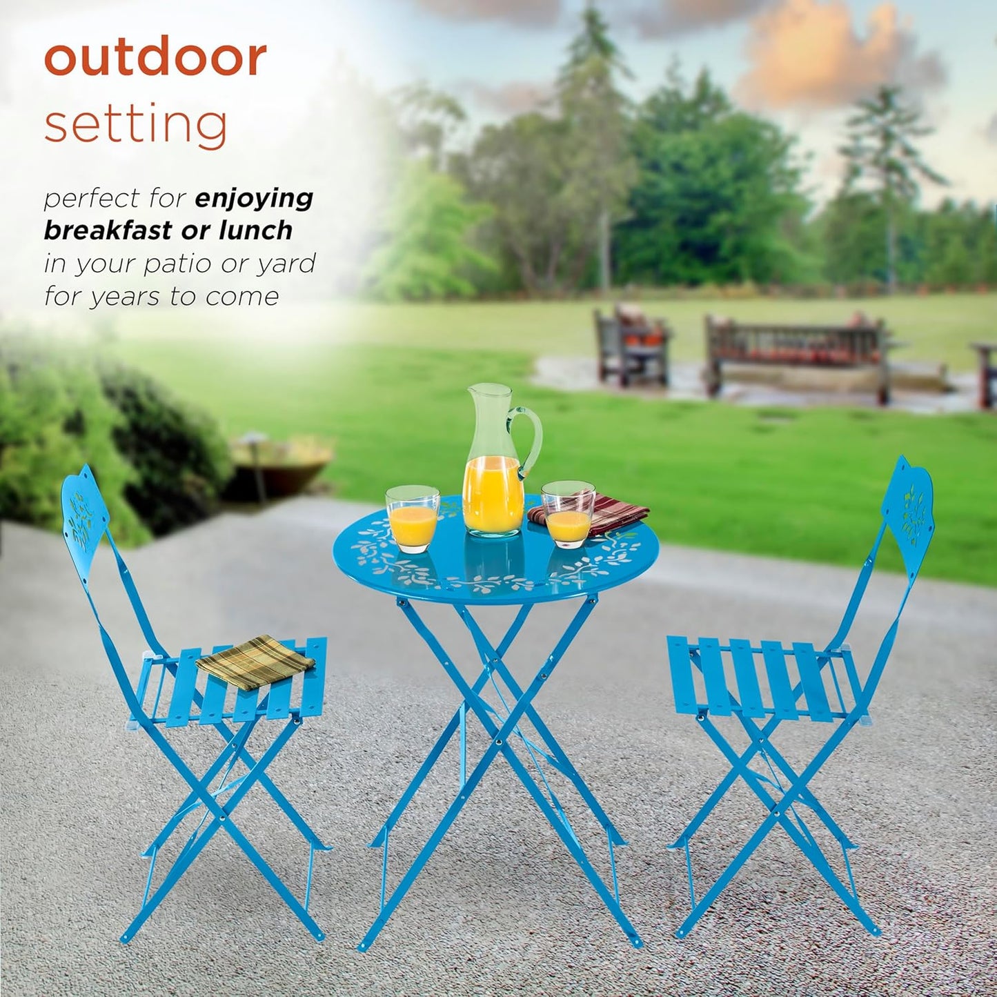 Alpine Corporation MSY100A-BL 3-Piece Indoor/Outdoor Bistro Set with Folding Table and Chairs, Durable Steel Patio Furniture, Vibrant Blue