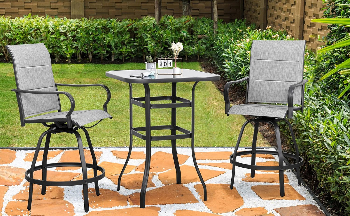 Shintenchi 3 Piece Patio Swivel Bar Stools Set, Outdoor Patio Bar Table and Chairs Set, All Weather Bar Height Chairs Set of 2, High Top Bistro Set Furniture for Balcony, Backyard, Padded Light Grey