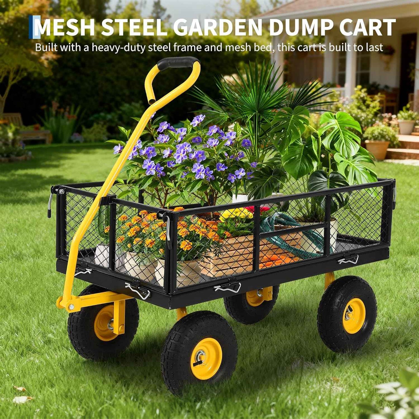 900 Lbs Heavy Duty Steel Garden Cart, Garden Wagon Cart on Wheels, Outdoor Metal Yard Utility Wagon Carts with and Mesh Removable Sides(Convert to Flatbed) and 180°Rotating Handle,Black