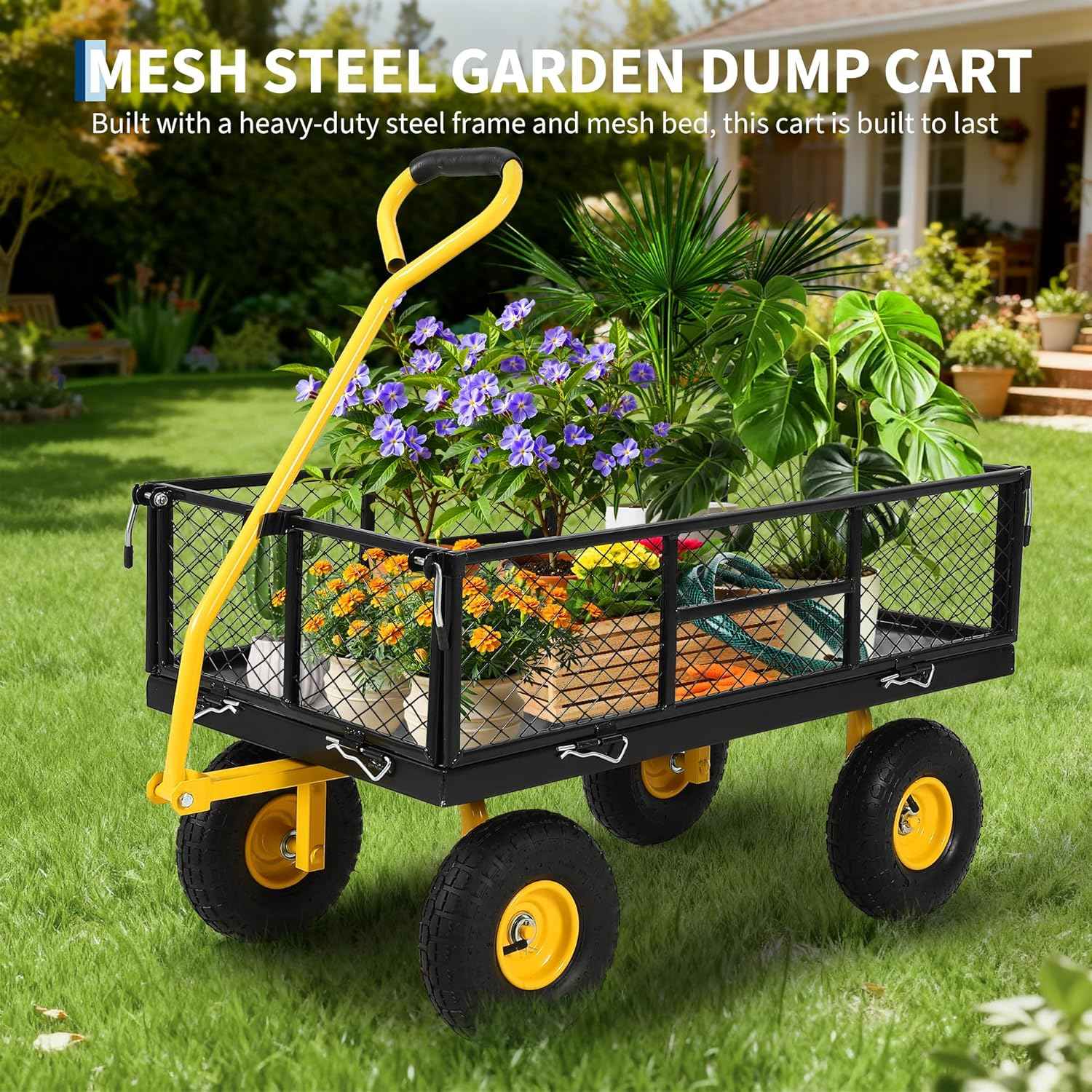 900 Lbs Heavy Duty Steel Garden Cart, Garden Wagon Cart on Wheels, Outdoor Metal Yard Utility Wagon Carts with and Mesh Removable Sides(Convert to Flatbed) and 180°Rotating Handle,Black