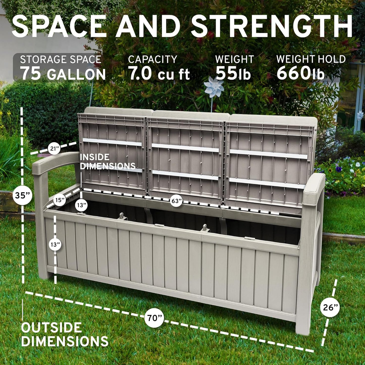 EconoHome 3 Seat Outdoor Storage Bench with Rain Cover - 90 Gallon Capacity - Weatherproof Resin Bench for Patio, Porch, Garden, Yard, Pool Area - Furniture for Pool Accessories, Gardening Tools